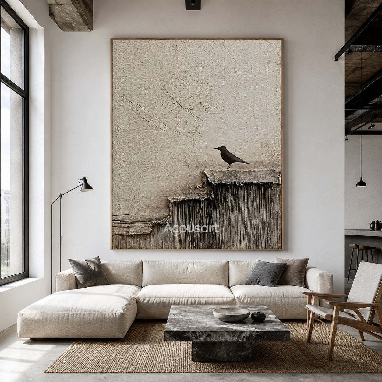 Minimalist textured bird wall art with a black bird standing on a layered cliff with neutral tones