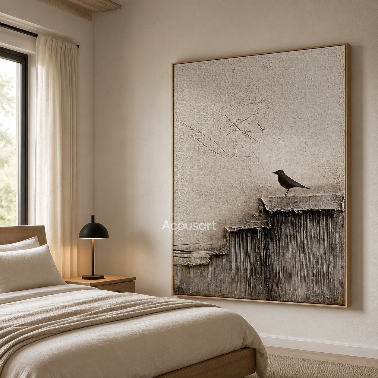 Minimalist textured bird wall art with a black bird standing on a layered cliff with neutral tones