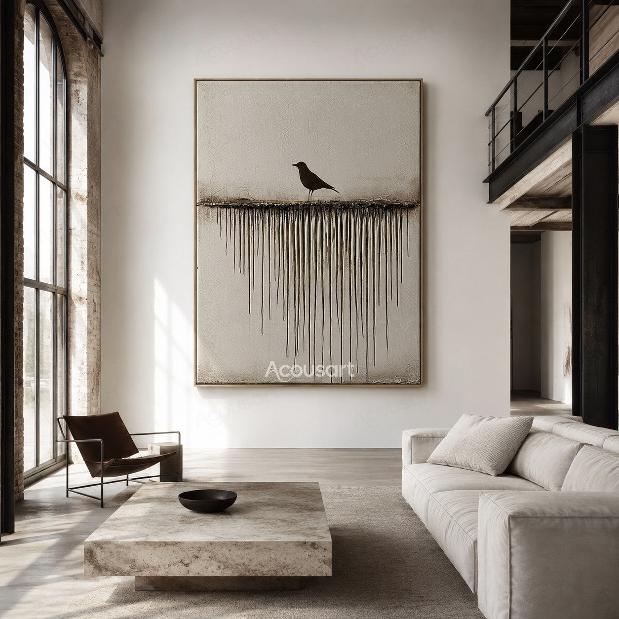 Minimalist textured bird wall art with a black bird on a horizontal line and flowing vertical texture details