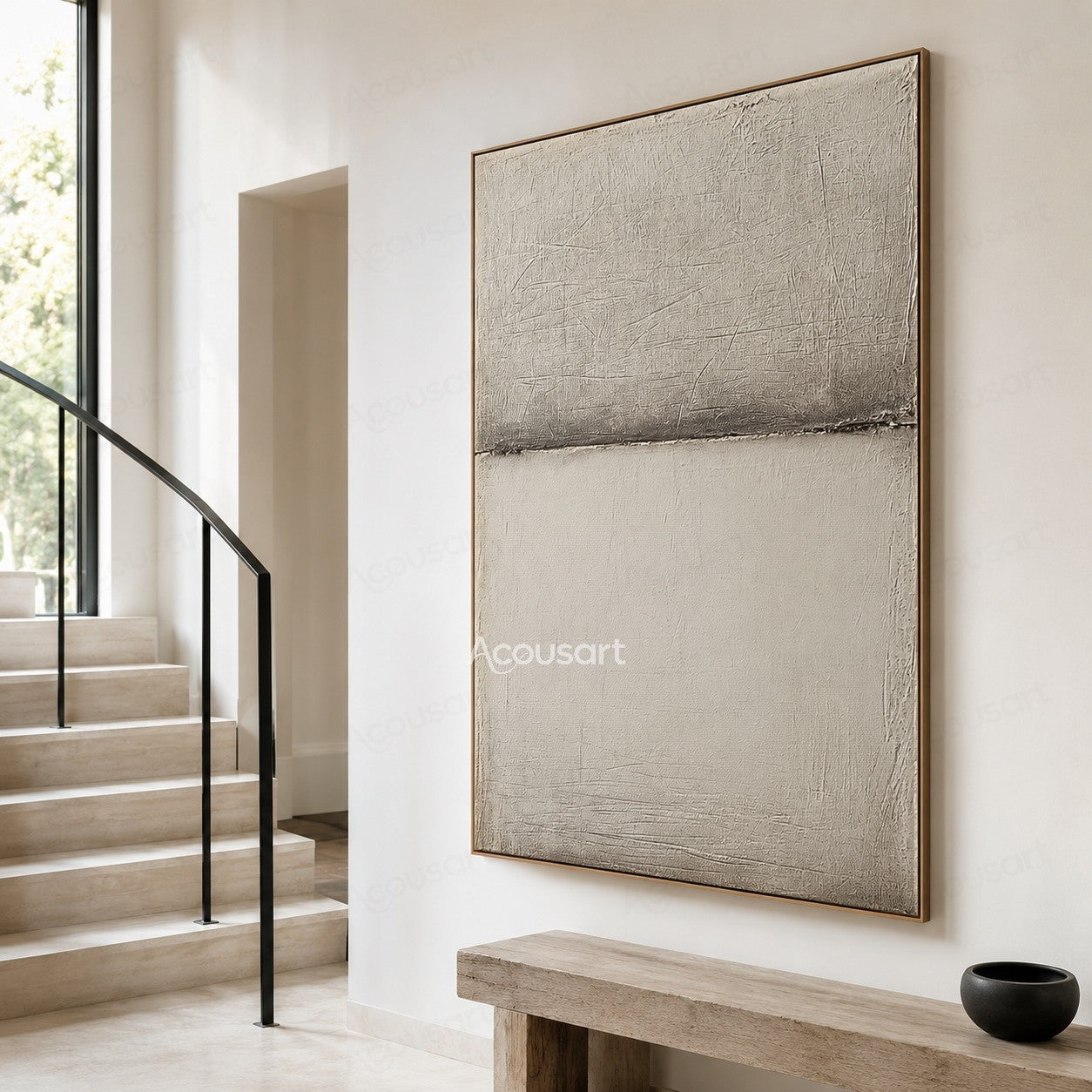 Minimalist neutral textured abstract wall art with beige and white layers and a horizontal horizon line