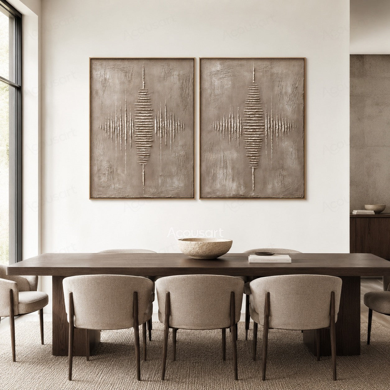 Minimalist textured diptych abstract wall art with beige background and symmetrical raised white line pattern
