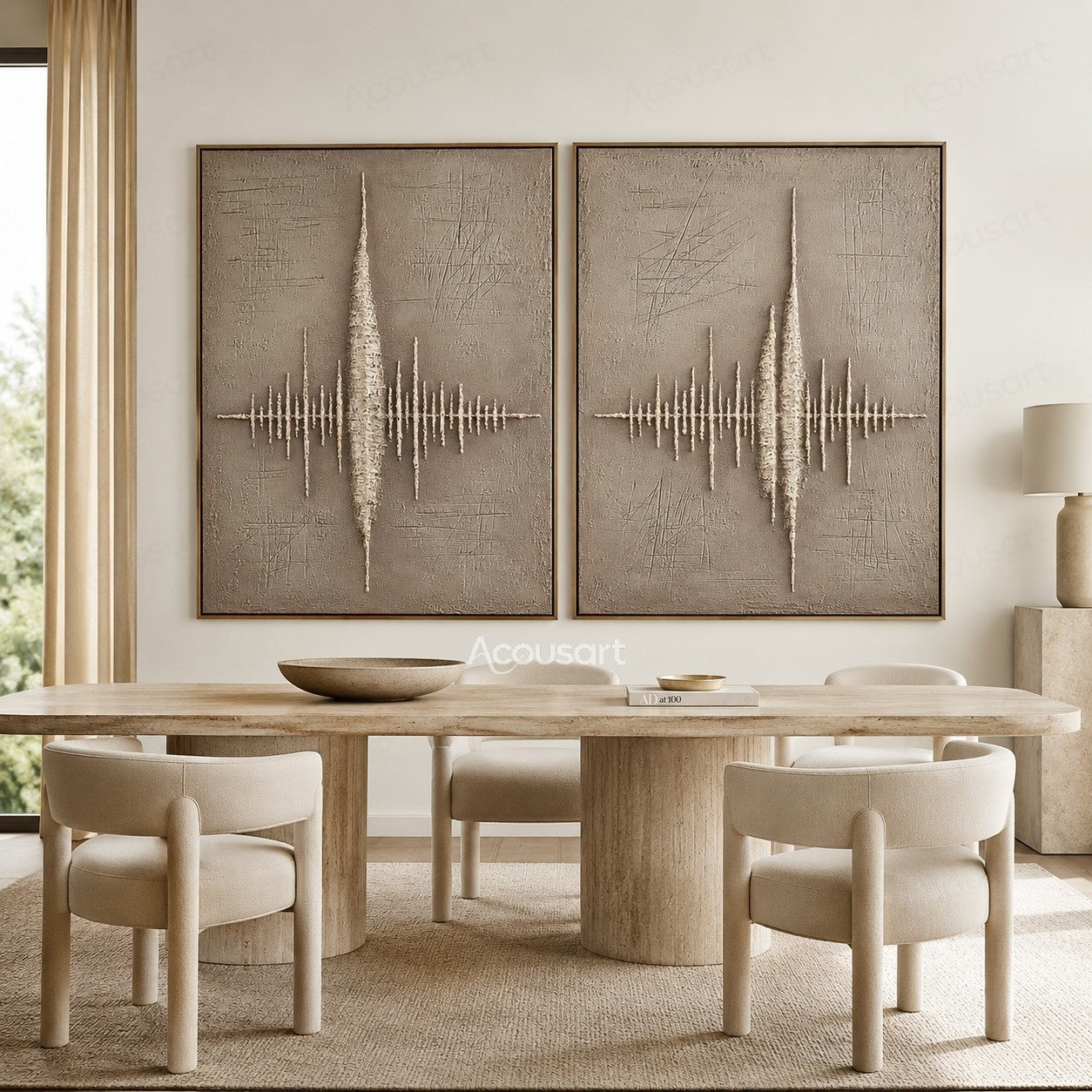 Minimalist textured diptych abstract wall art with beige background and raised white sound wave design