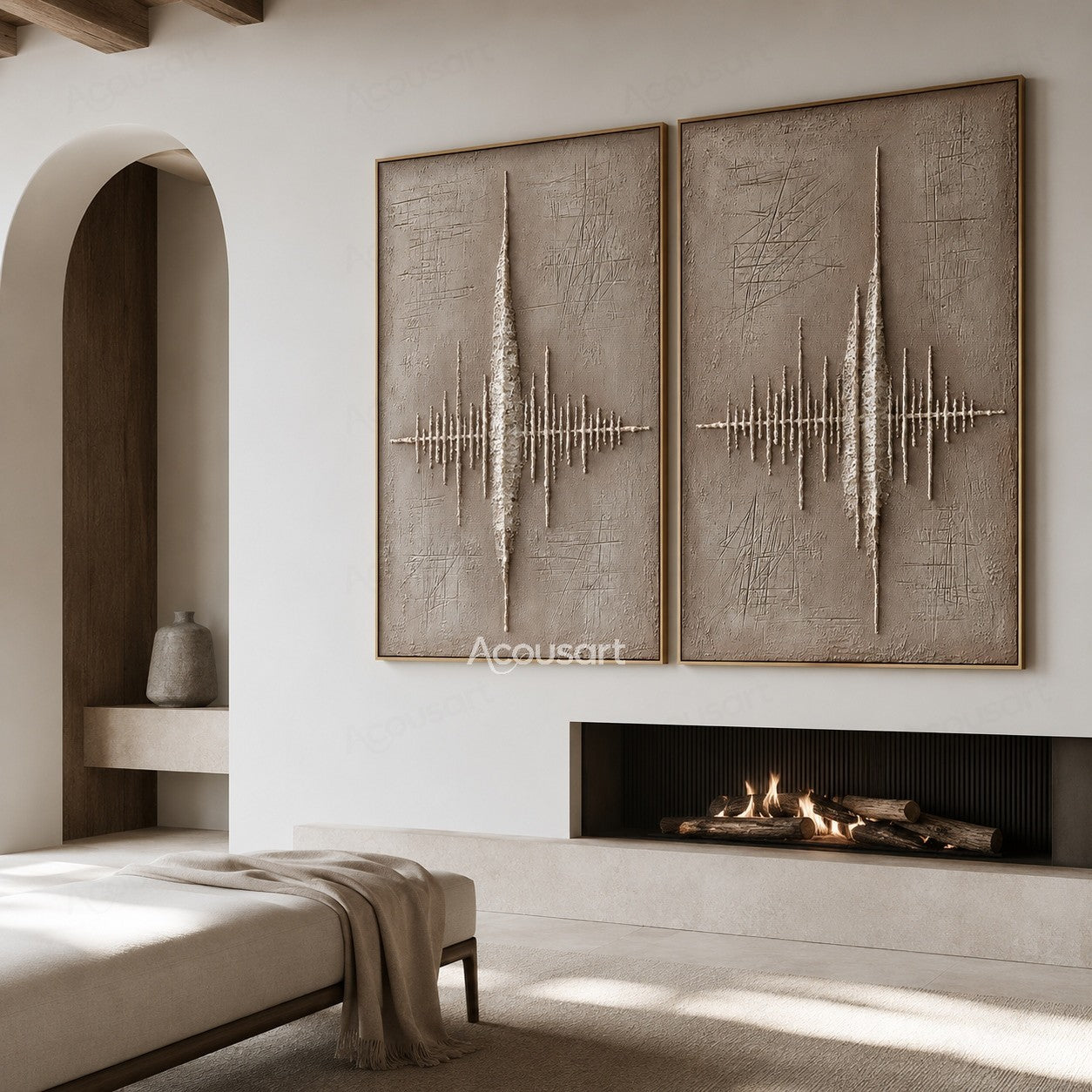 Minimalist textured diptych abstract wall art with beige background and raised white sound wave design
