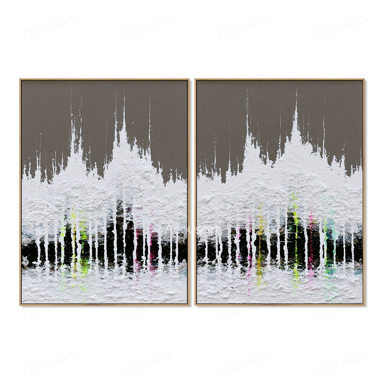 Modern textured cityscape diptych wall art with black skyline, white texture, and colorful urban lights