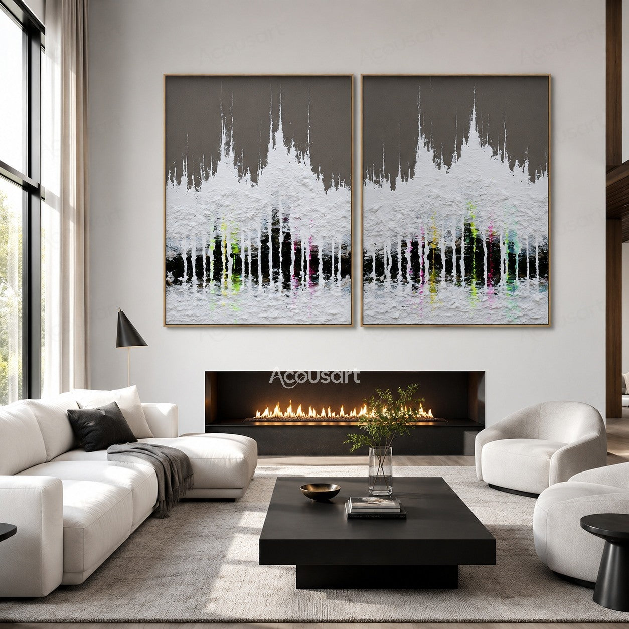 Modern textured cityscape diptych wall art with black skyline, white texture, and colorful urban lights