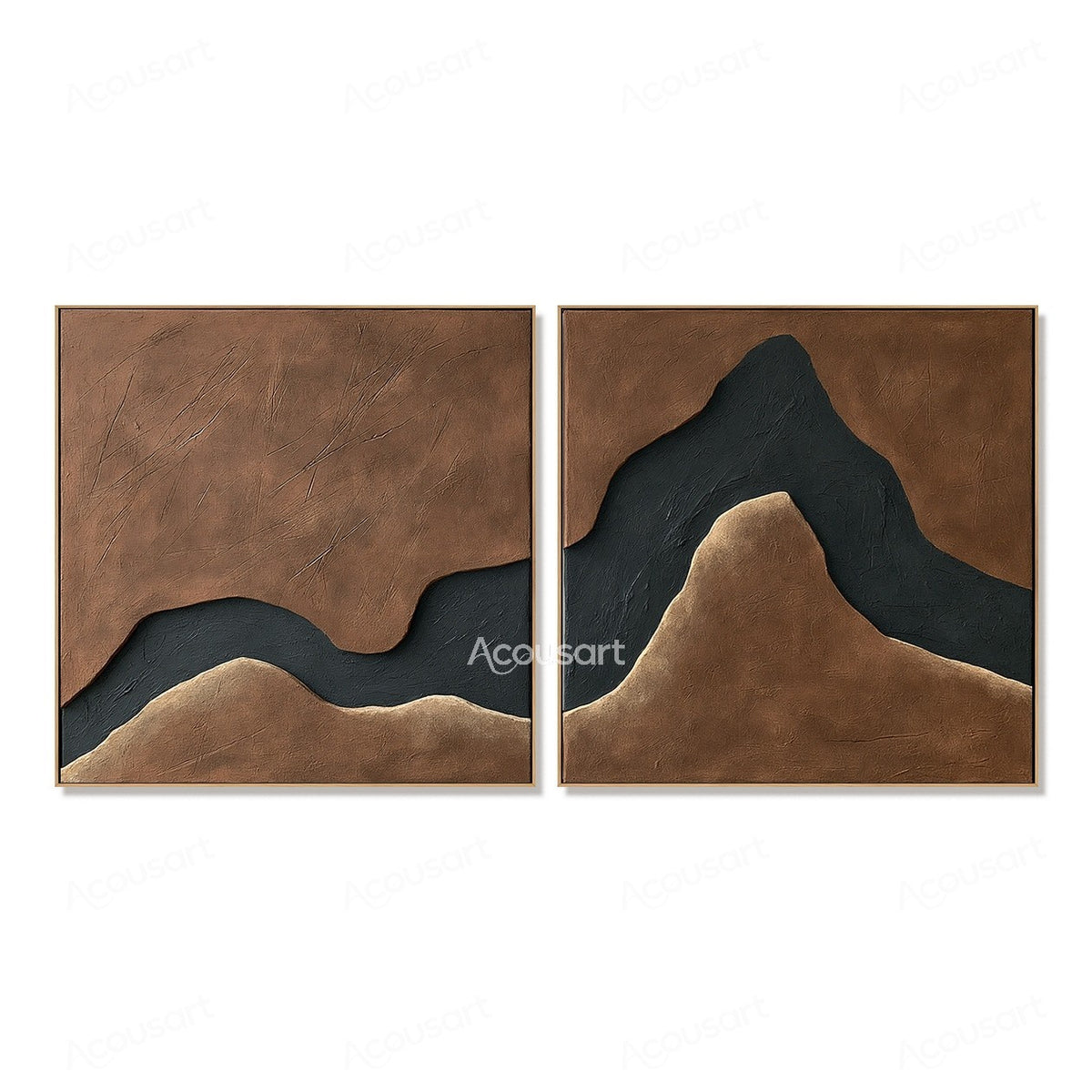 Brown abstract diptych wall art set with black flowing mountain-like shapes and textured neutral background
