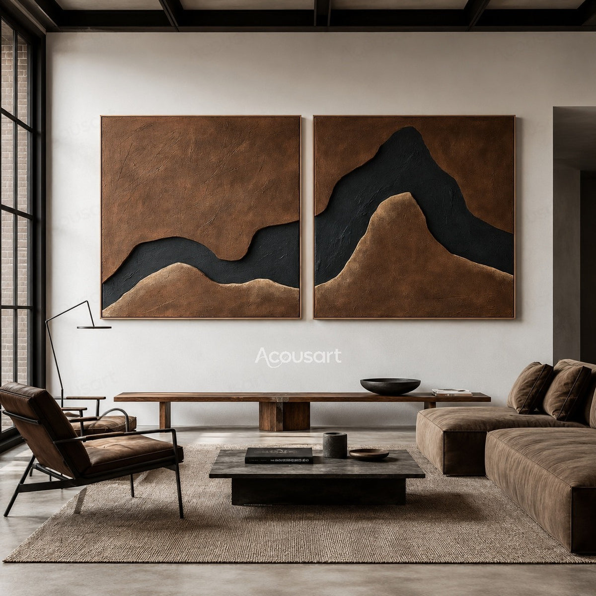 Brown abstract diptych wall art set with black flowing mountain-like shapes and textured neutral background