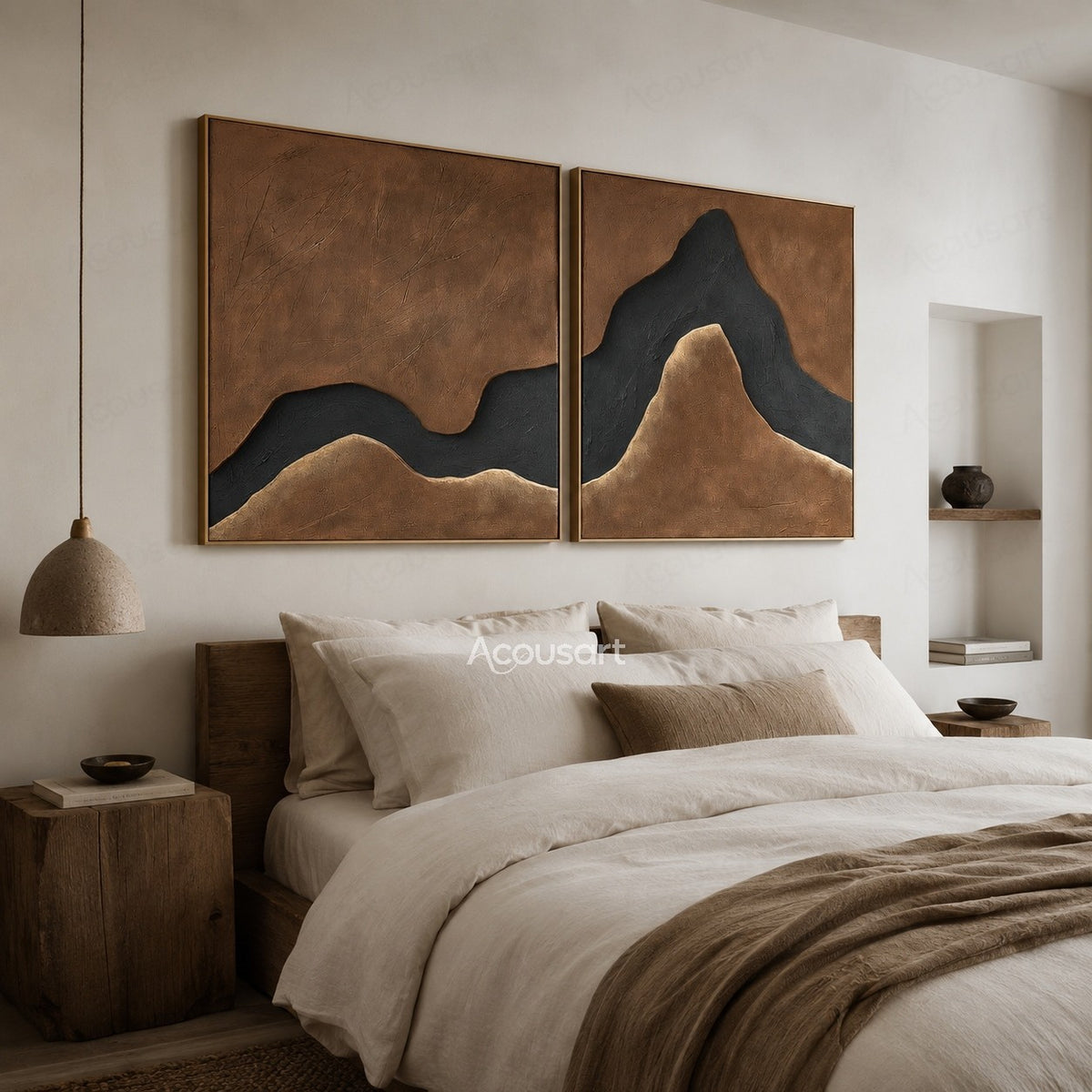 Brown abstract diptych wall art set with black flowing mountain-like shapes and textured neutral background