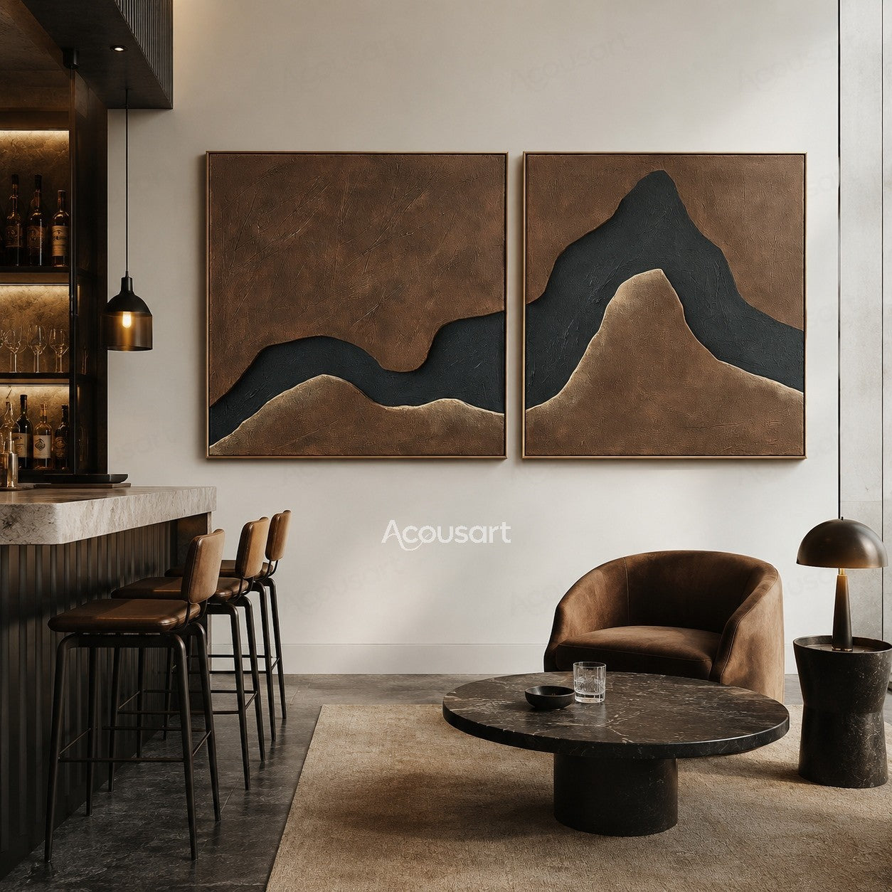 Brown abstract diptych wall art set with black flowing mountain-like shapes and textured neutral background