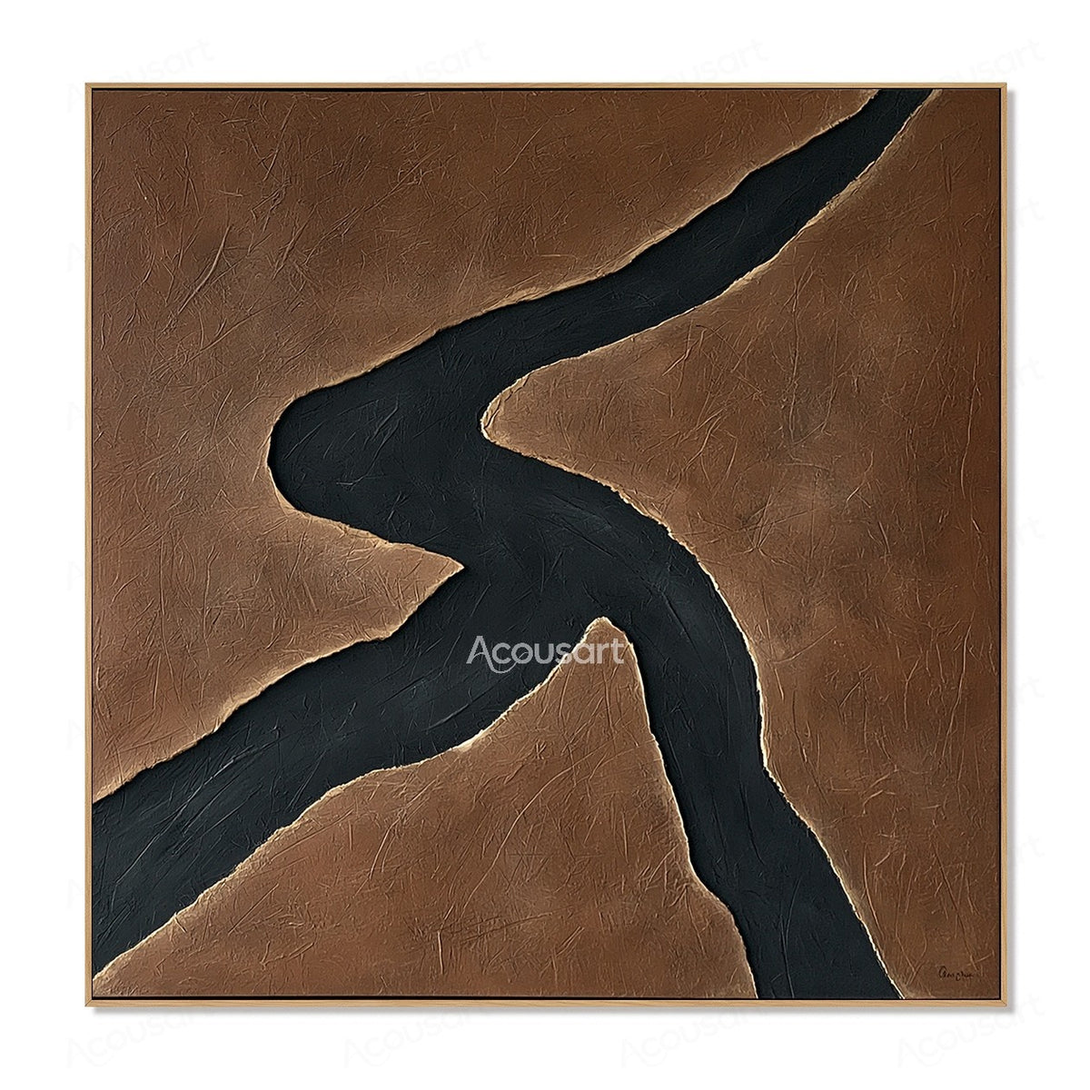 Minimalist black abstract textured wall art with flowing curved shape on a brown background