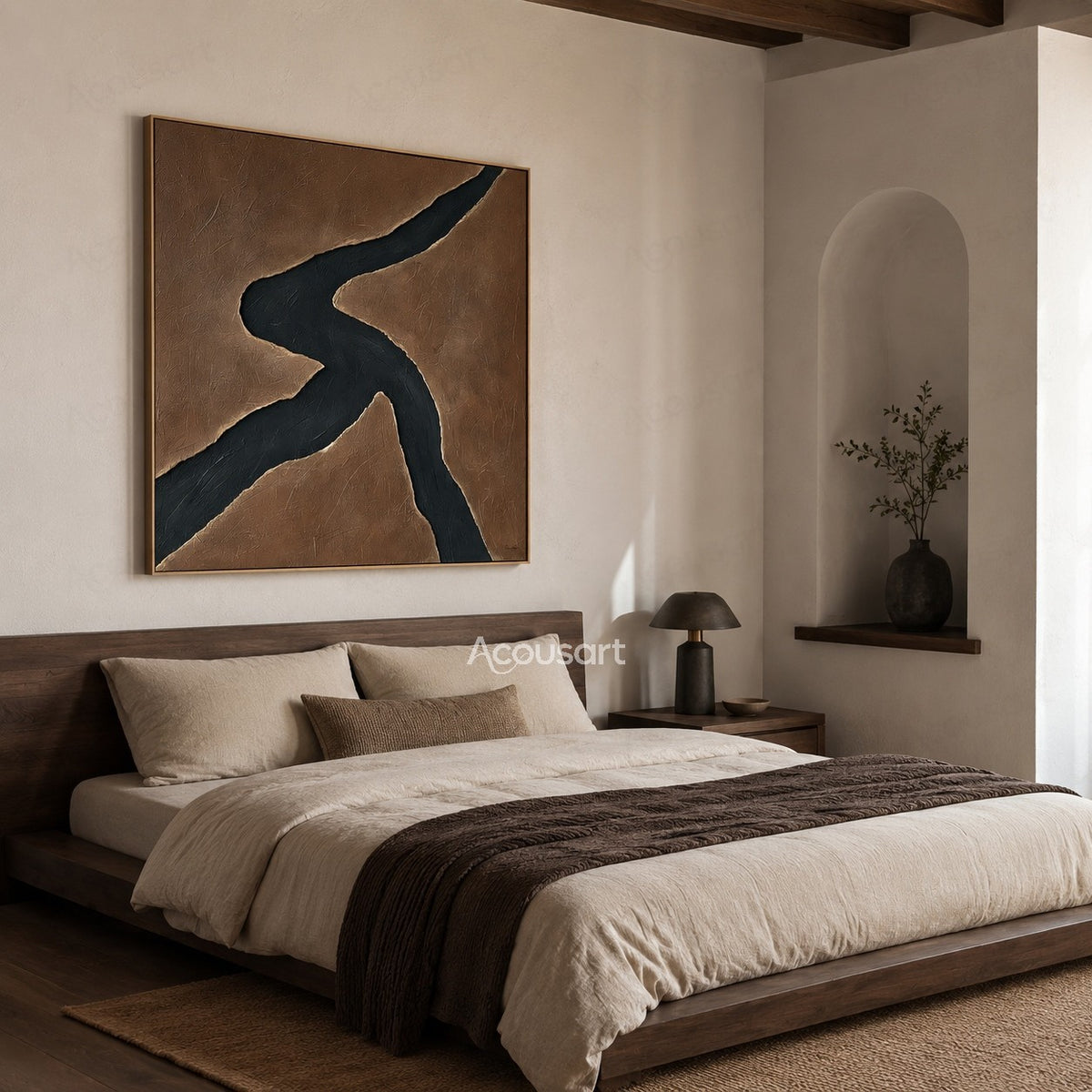 Minimalist black abstract textured wall art with flowing curved shape on a brown background