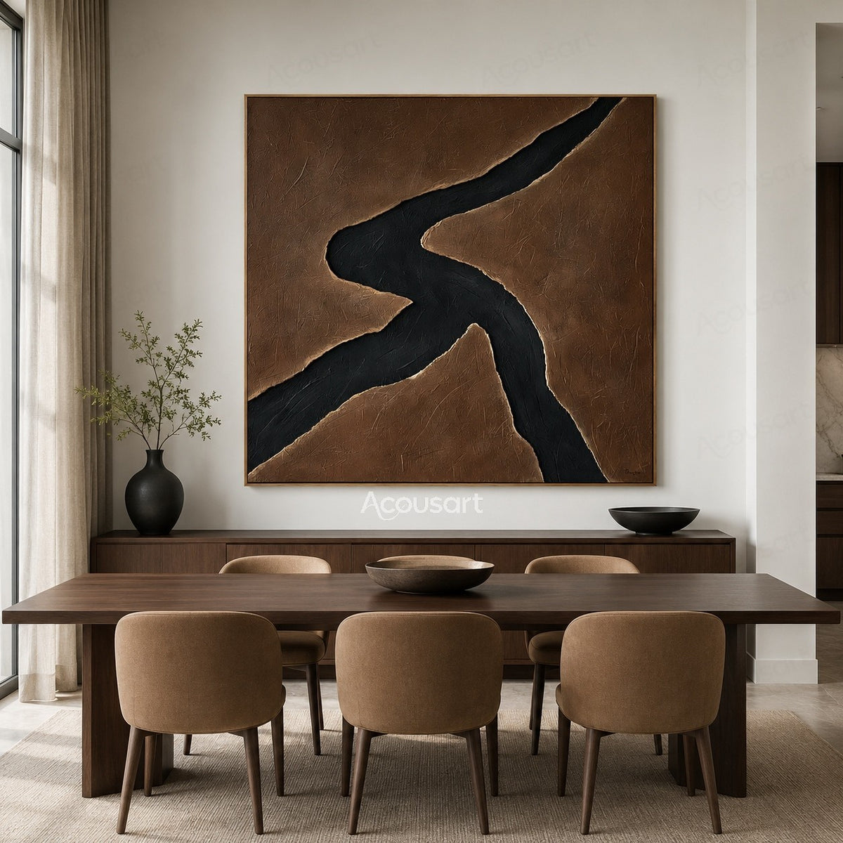 Minimalist black abstract textured wall art with flowing curved shape on a brown background