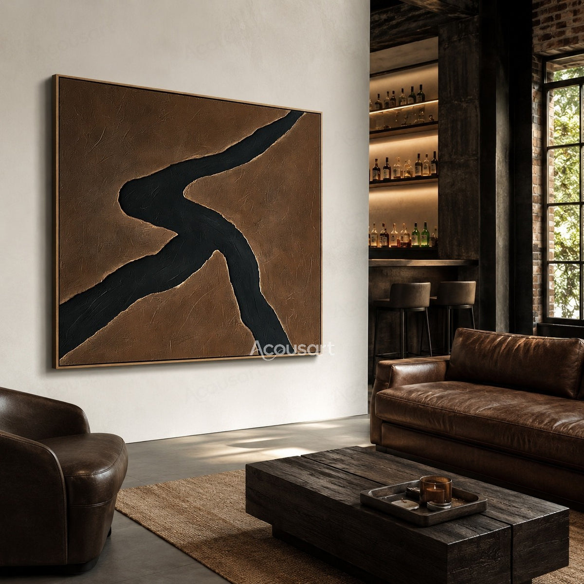 Minimalist black abstract textured wall art with flowing curved shape on a brown background