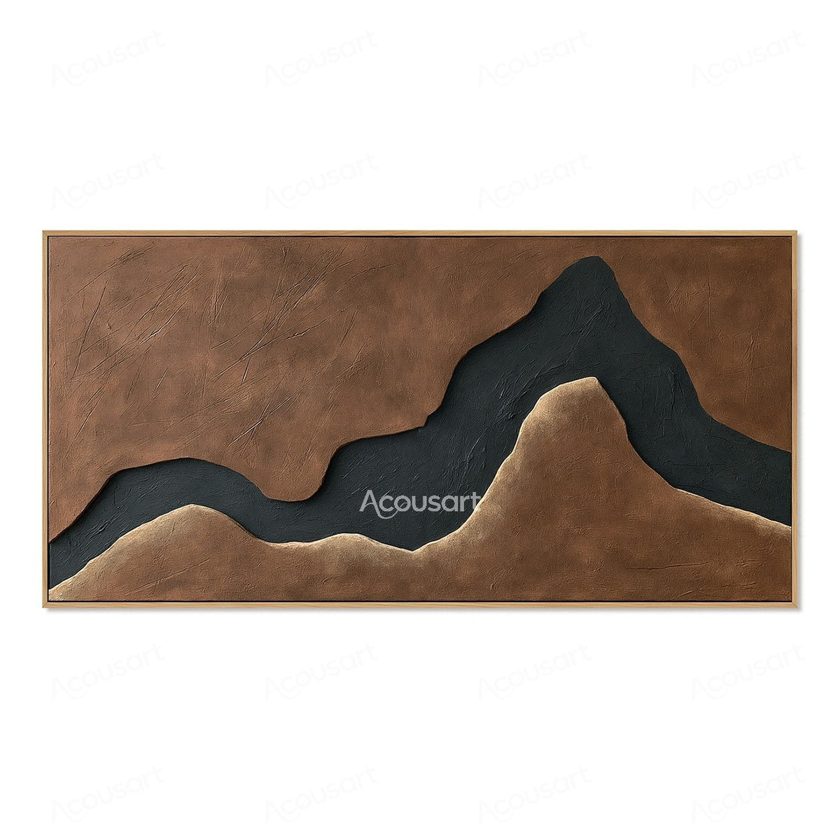 Black mountain shaped abstract textured wall art with brown background and minimalist landscape design