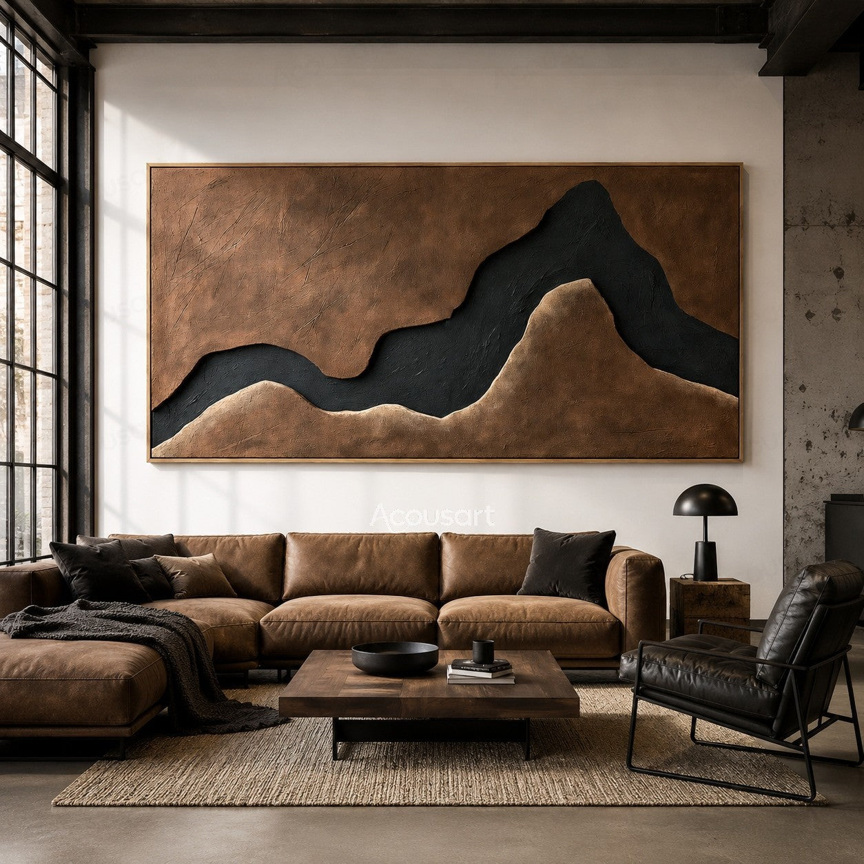 Black mountain shaped abstract textured wall art with brown background and minimalist landscape design