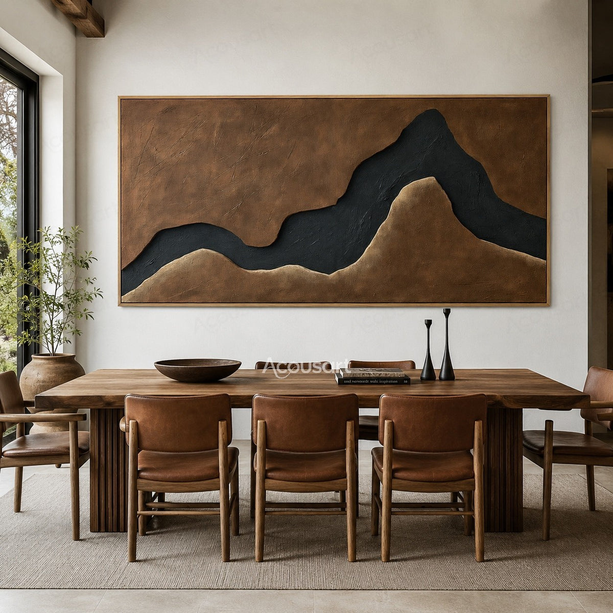 Black mountain shaped abstract textured wall art with brown background and minimalist landscape design