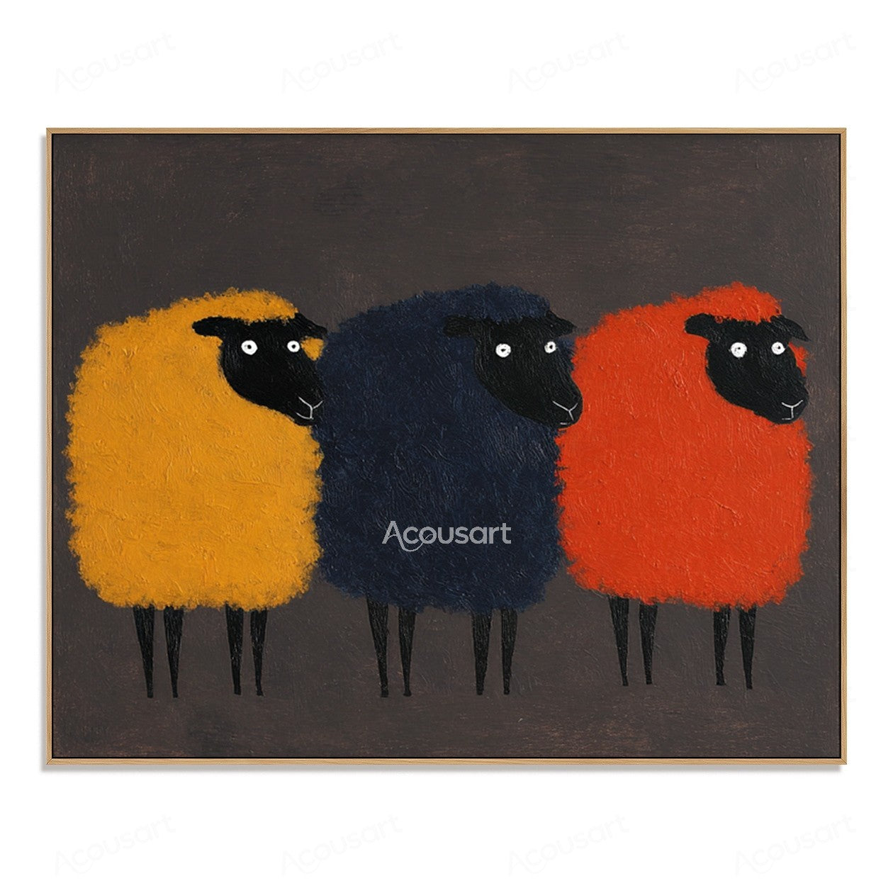 Colorful sheep wall art featuring three fluffy sheep in yellow, navy blue, and orange on a dark background