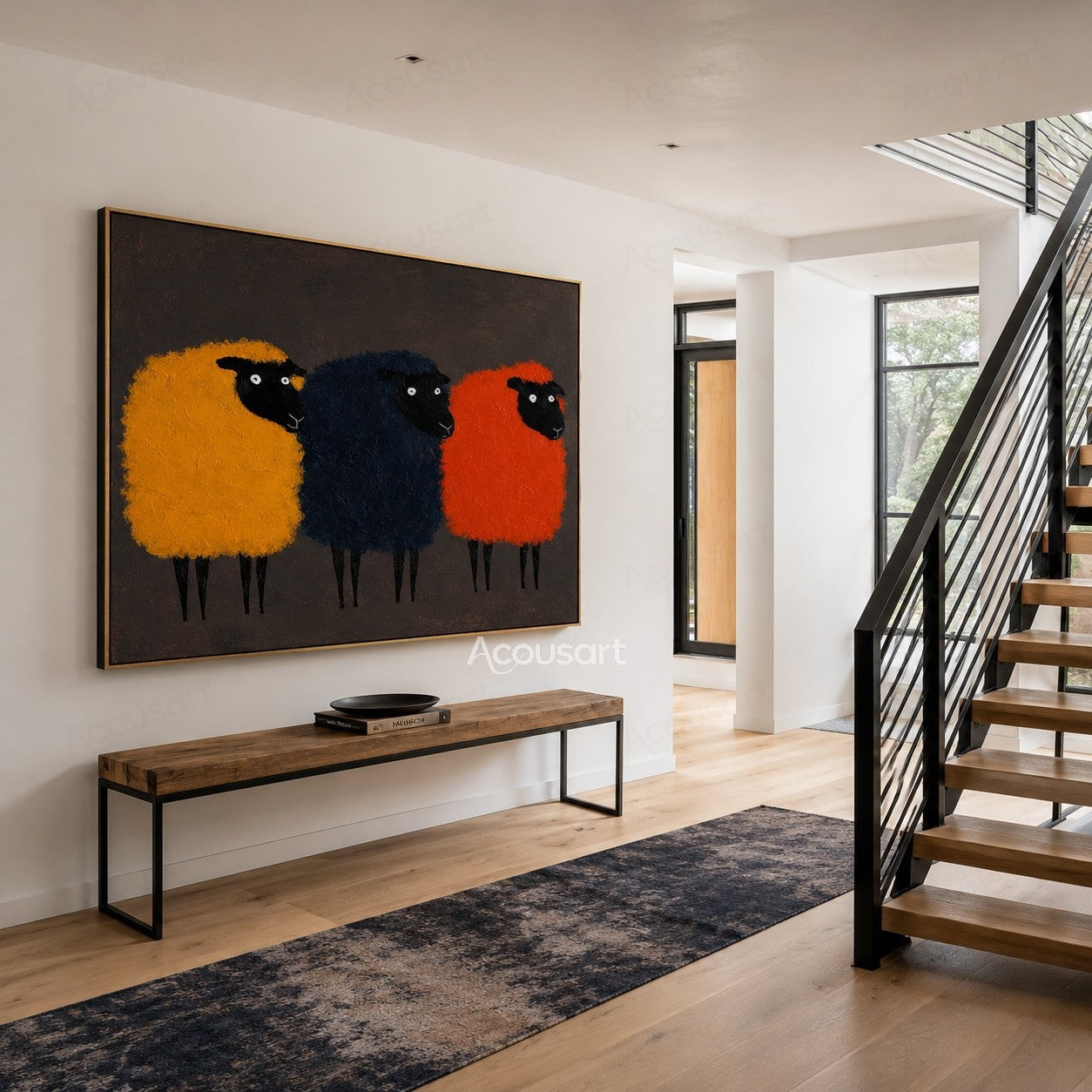 Colorful sheep wall art featuring three fluffy sheep in yellow, navy blue, and orange on a dark background