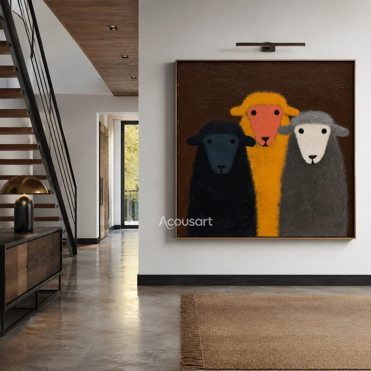 Three colorful sheep wall art featuring navy blue, yellow, and gray sheep on a dark brown textured background