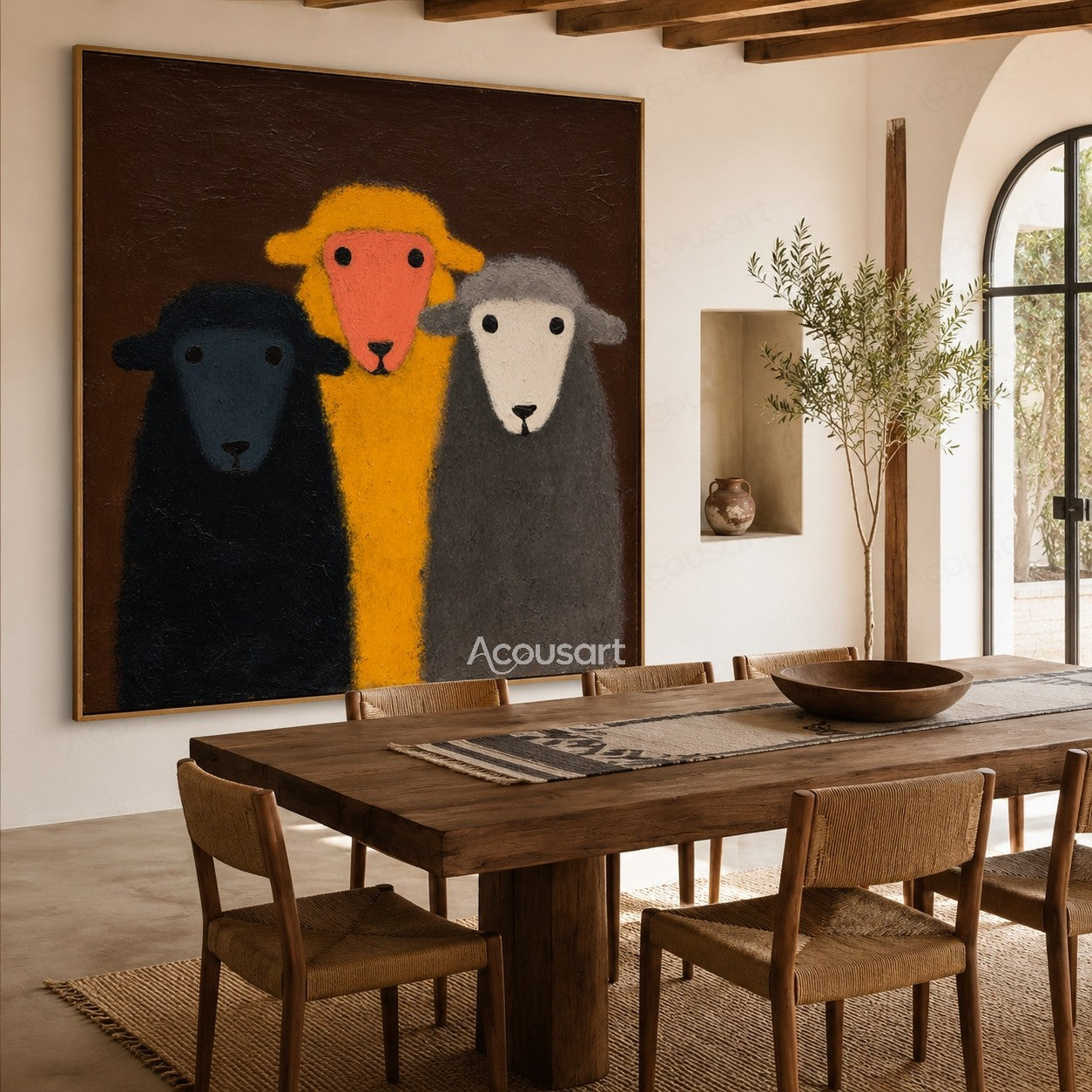 Three colorful sheep wall art featuring navy blue, yellow, and gray sheep on a dark brown textured background