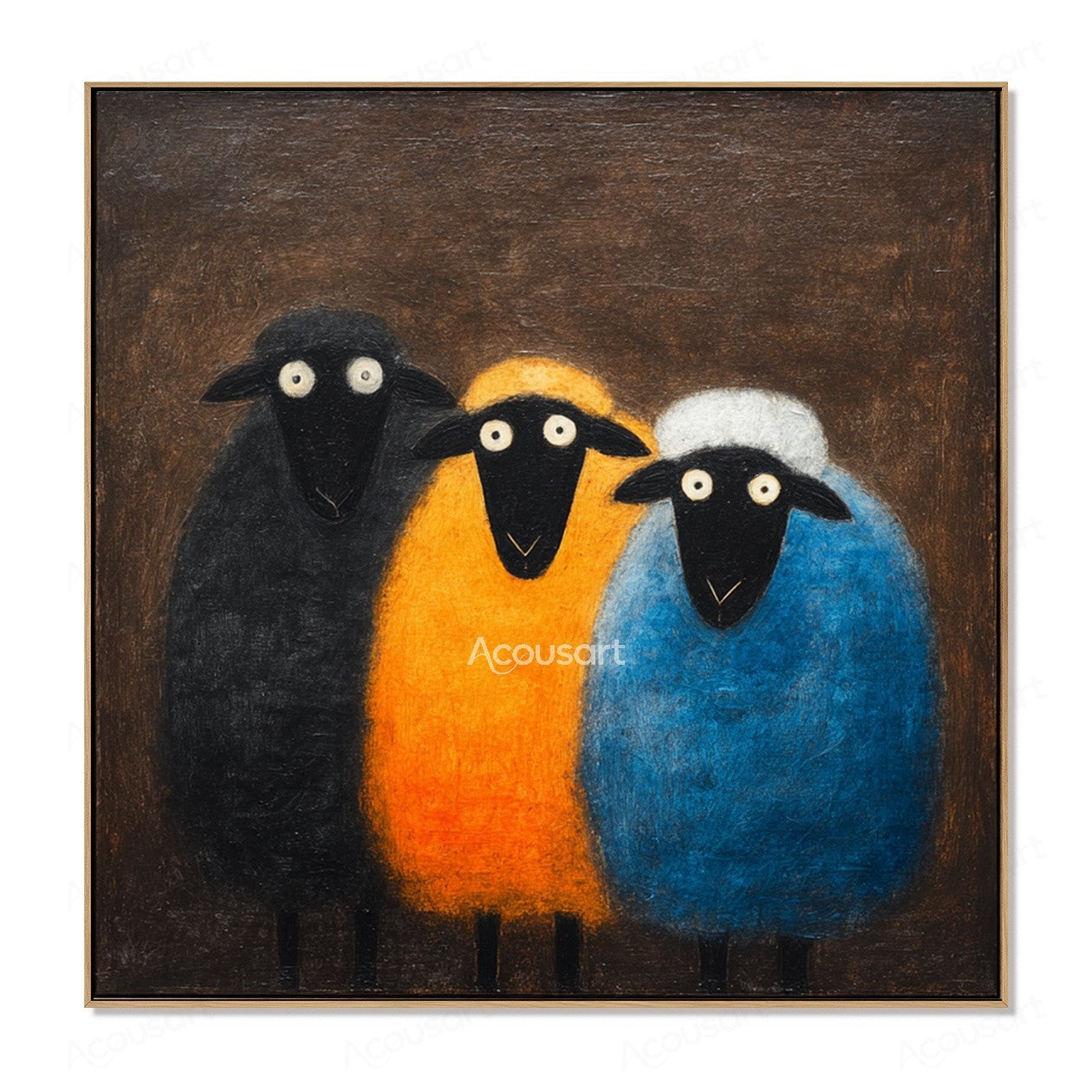 Three colorful sheep wall art with black, yellow, and blue sheep on a dark brown textured background