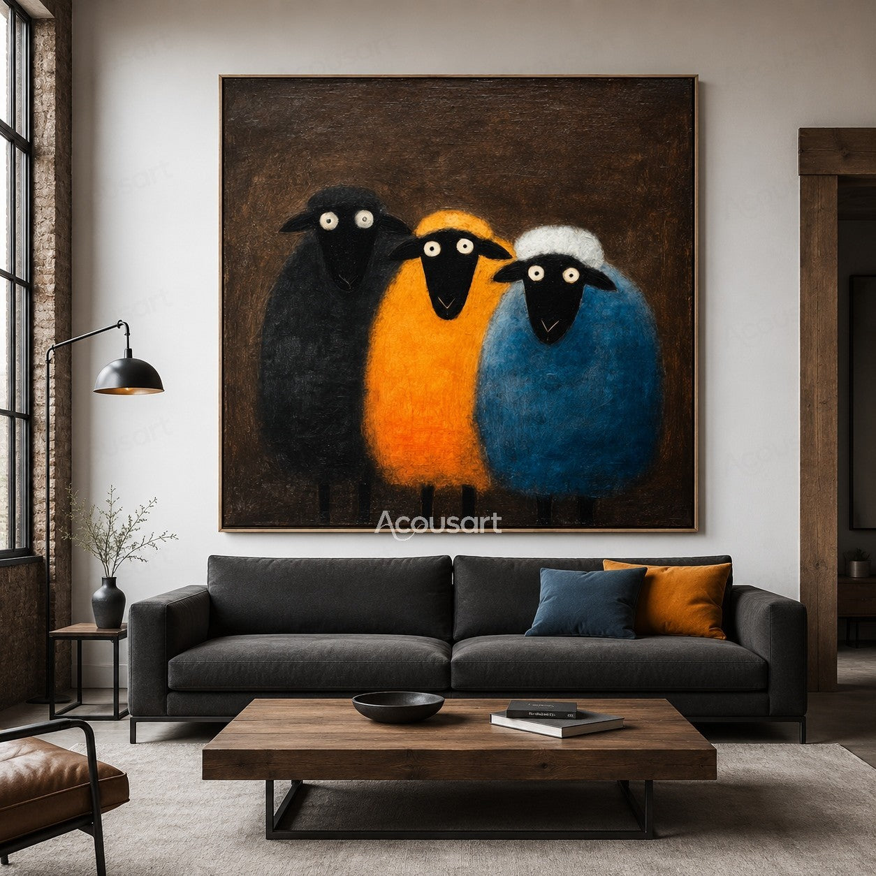 Three colorful sheep wall art with black, yellow, and blue sheep on a dark brown textured background