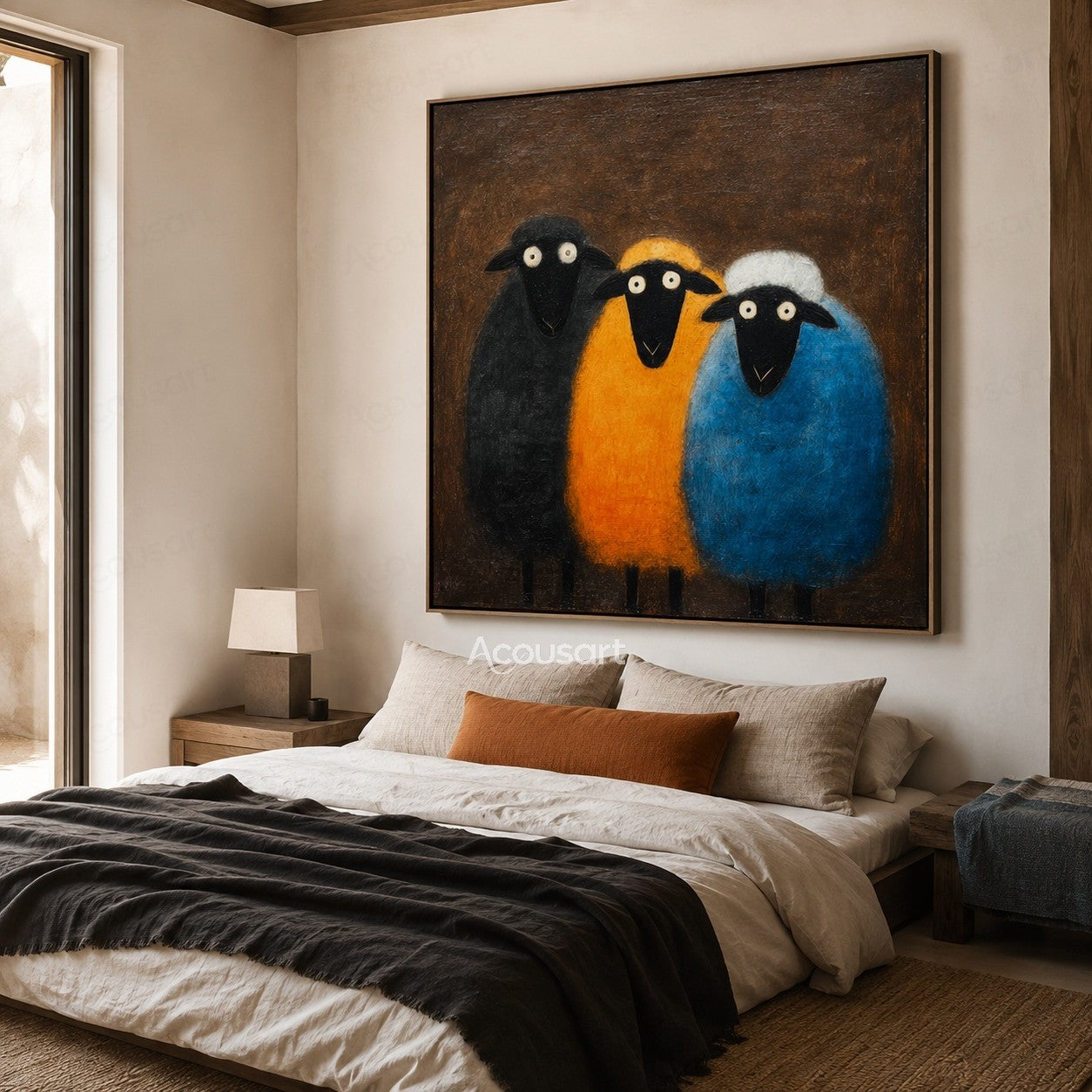 Three colorful sheep wall art with black, yellow, and blue sheep on a dark brown textured background