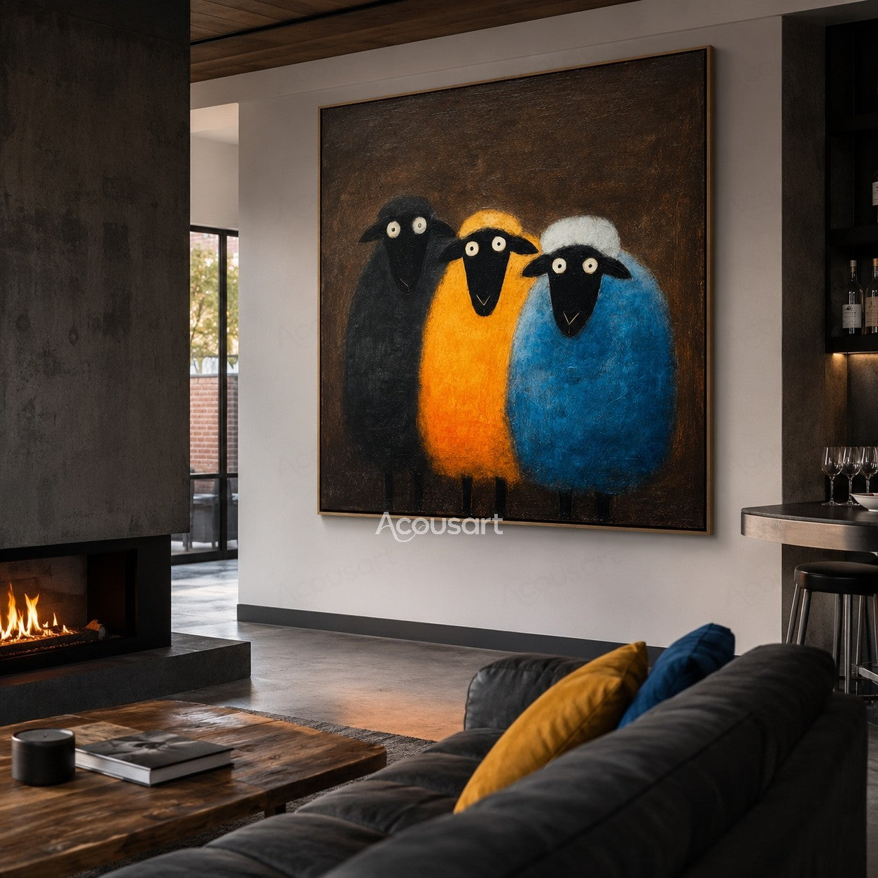 Three colorful sheep wall art with black, yellow, and blue sheep on a dark brown textured background