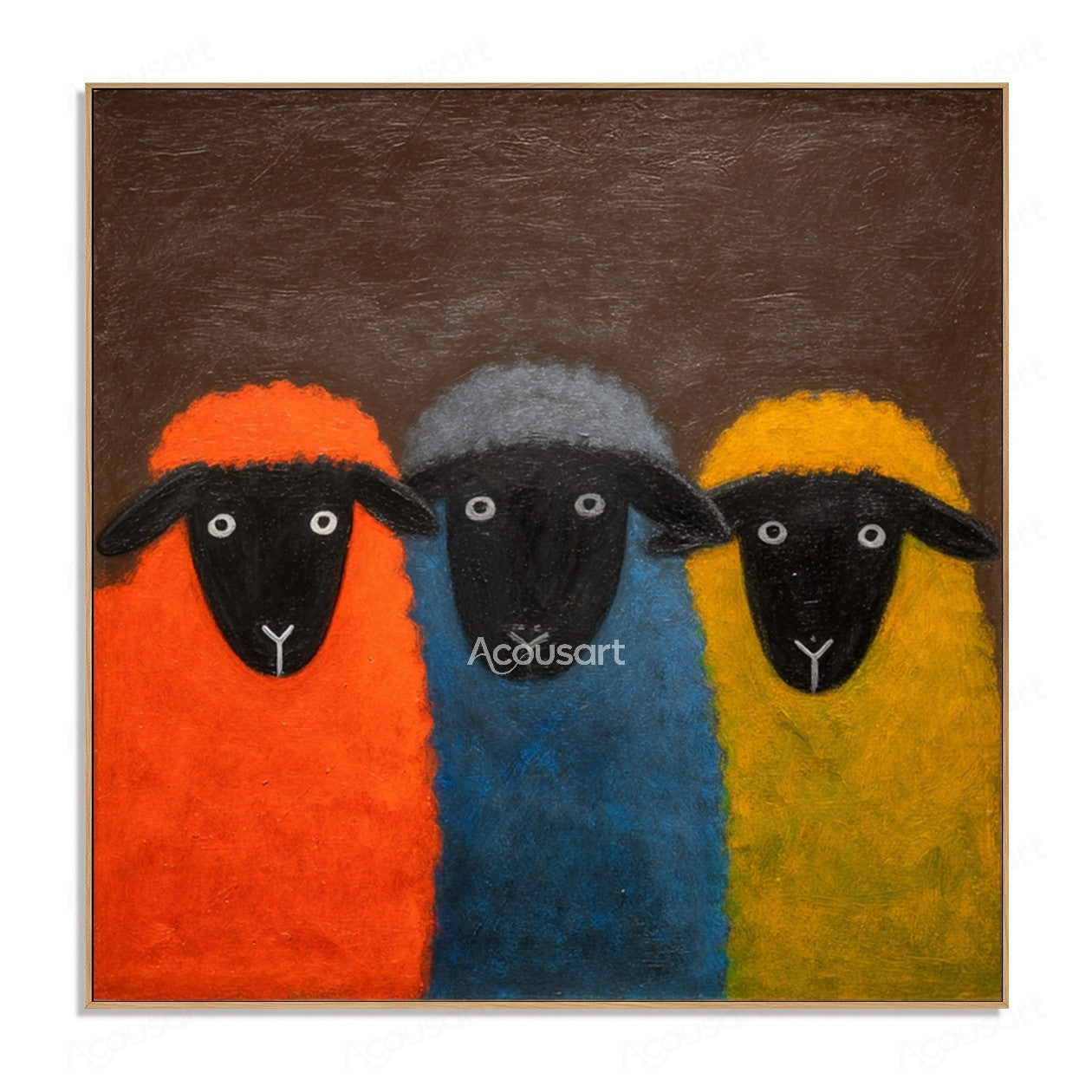 Three colorful sheep wall art with orange, blue, and yellow sheep on a dark brown textured background