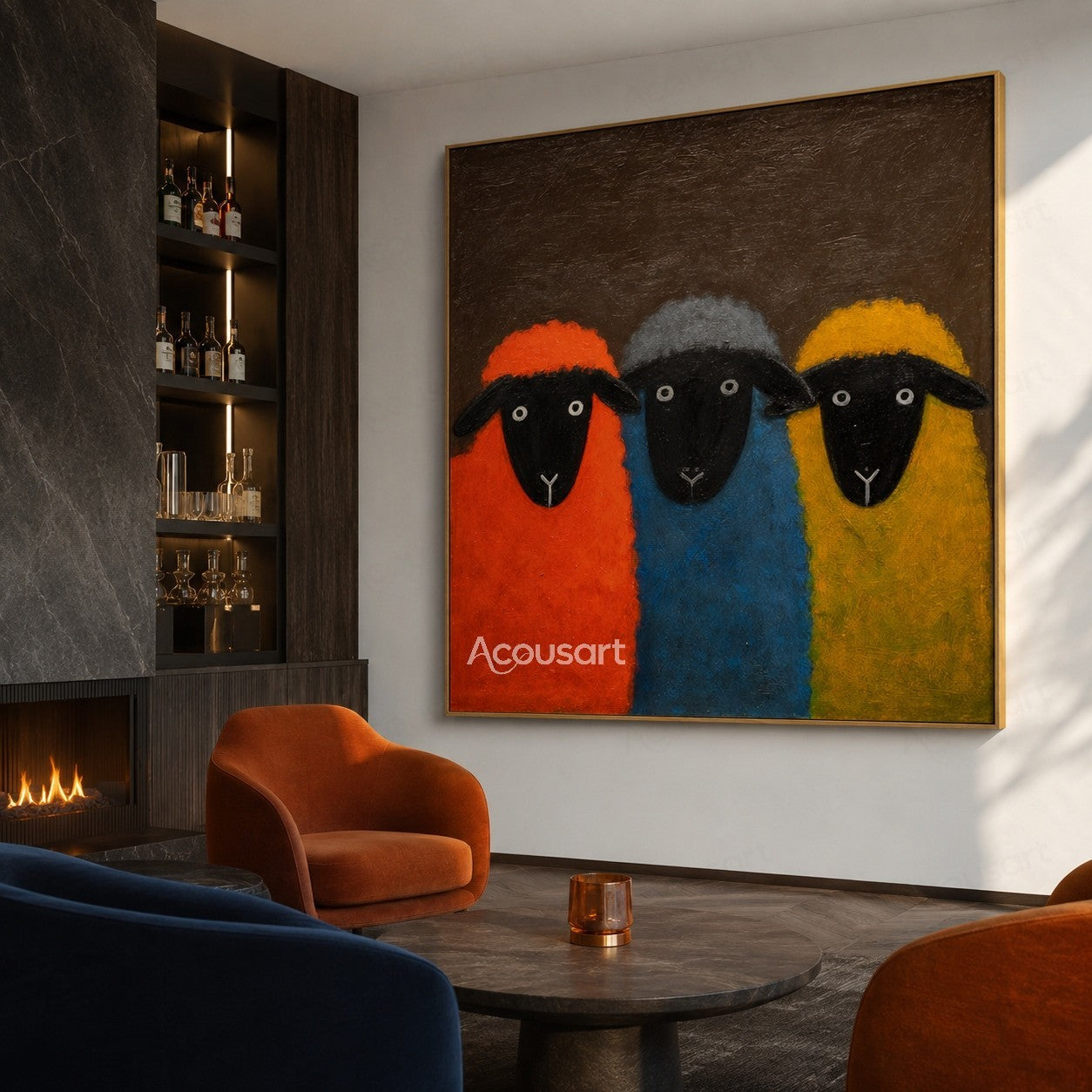 Three colorful sheep wall art with orange, blue, and yellow sheep on a dark brown textured background