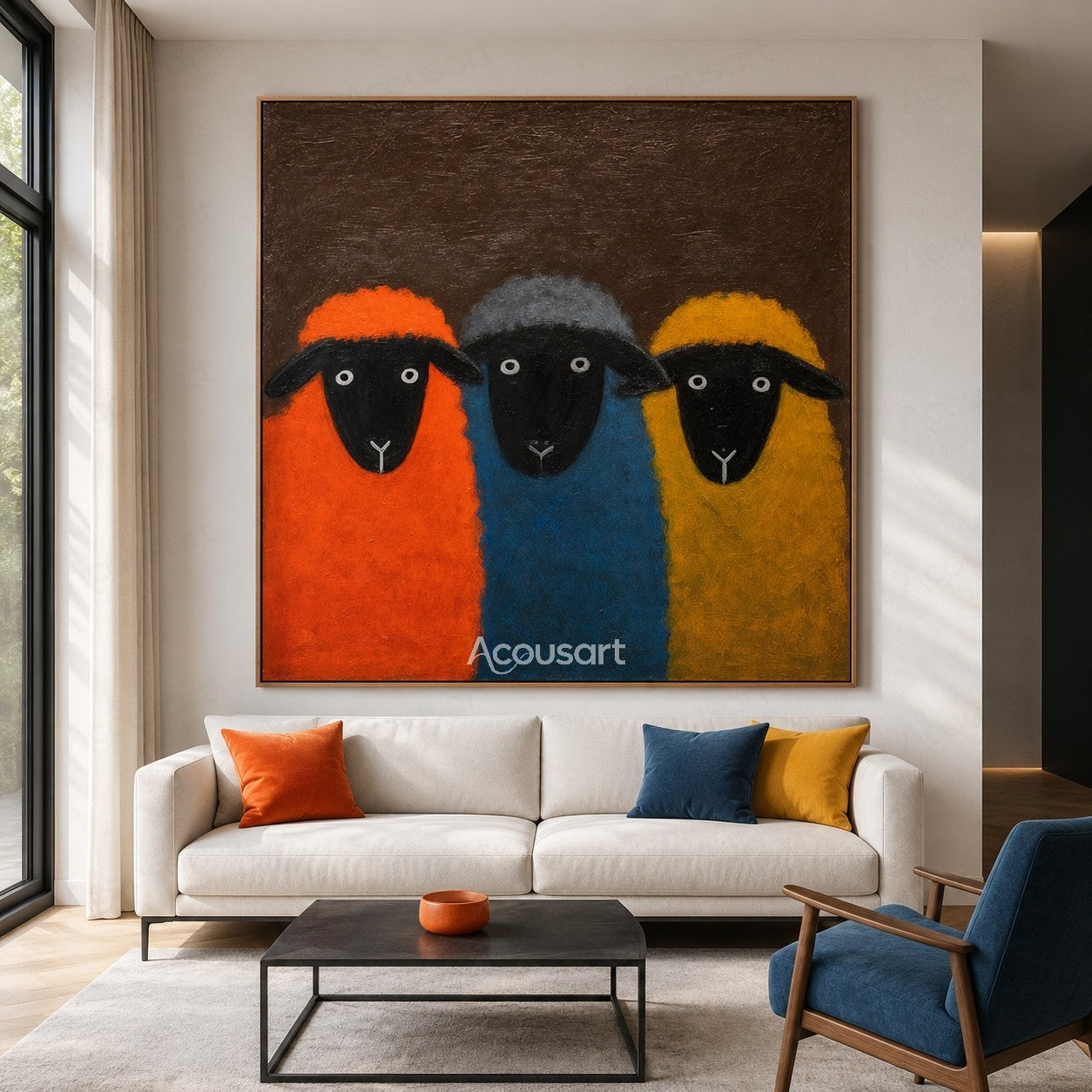Three colorful sheep wall art with orange, blue, and yellow sheep on a dark brown textured background