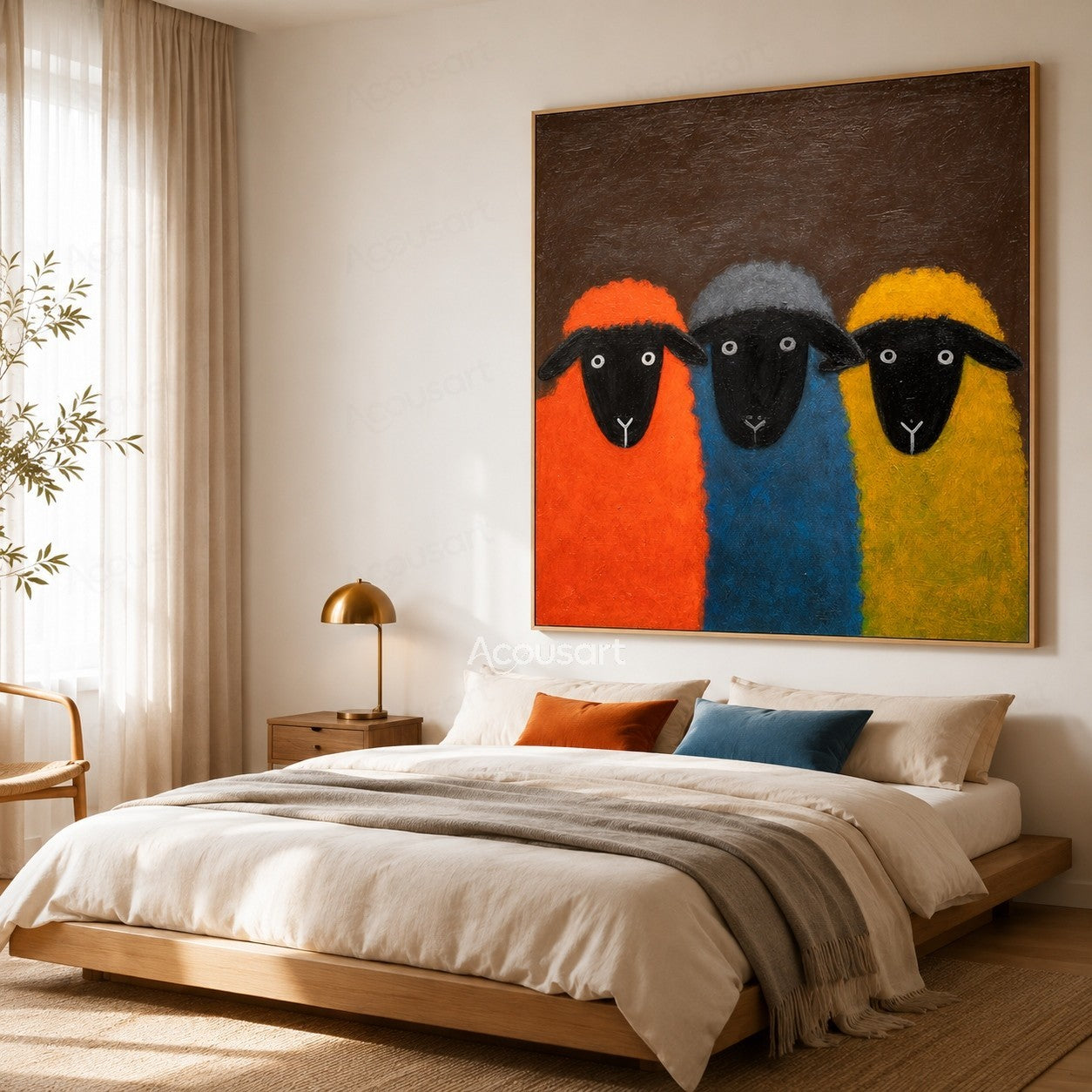 Three colorful sheep wall art with orange, blue, and yellow sheep on a dark brown textured background