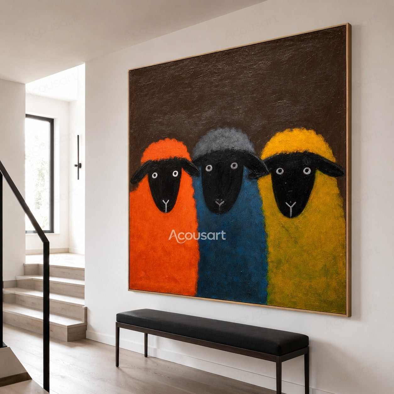 Three colorful sheep wall art with orange, blue, and yellow sheep on a dark brown textured background