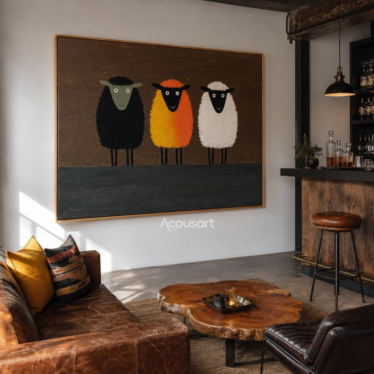 Three colorful sheep wall art featuring black, orange, and white sheep on a dark brown background with textured brushstrokes