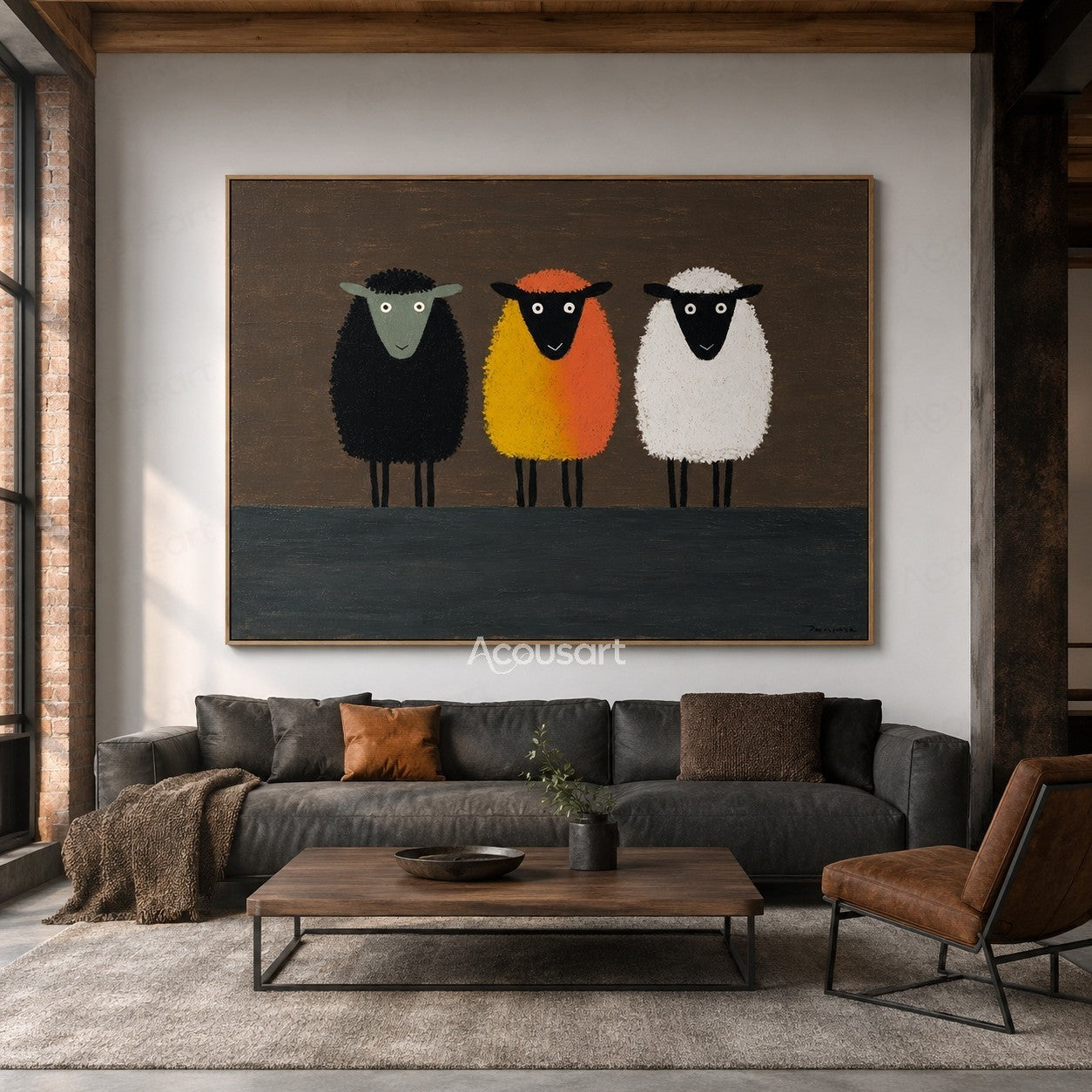Three colorful sheep wall art featuring black, orange, and white sheep on a dark brown background with textured brushstrokes