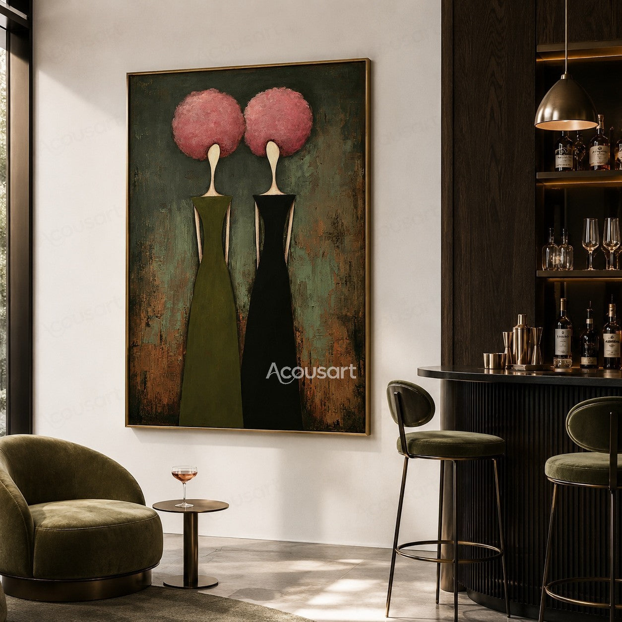 Feminine abstract portrait wall art featuring two women in olive and black dresses with pink flower-like hair on textured background