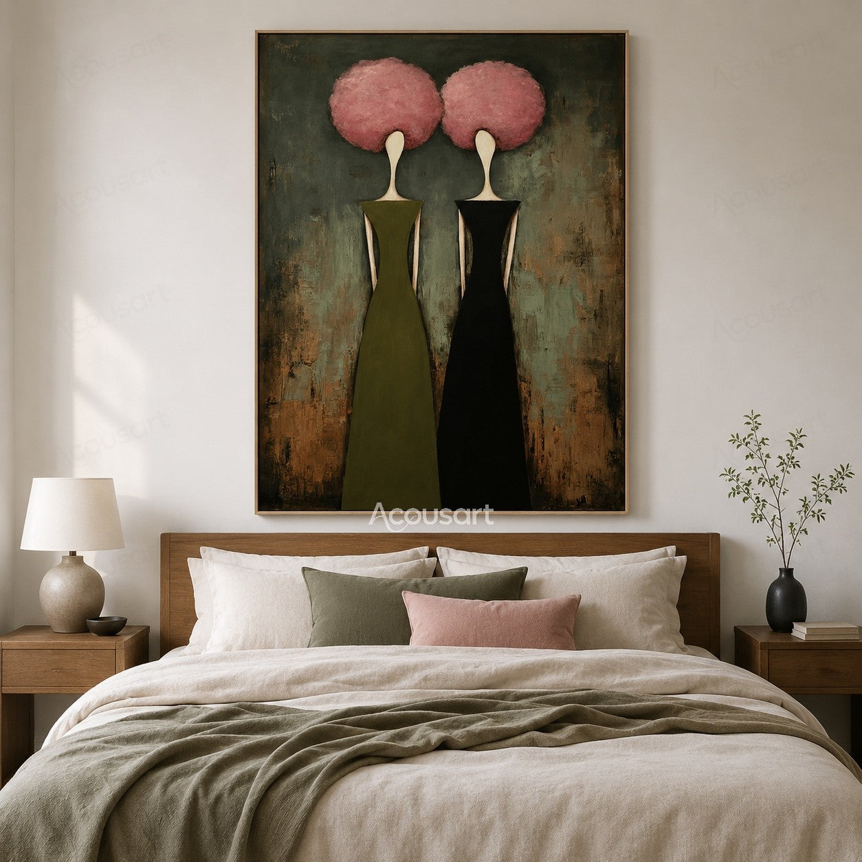 Feminine abstract portrait wall art featuring two women in olive and black dresses with pink flower-like hair on textured background