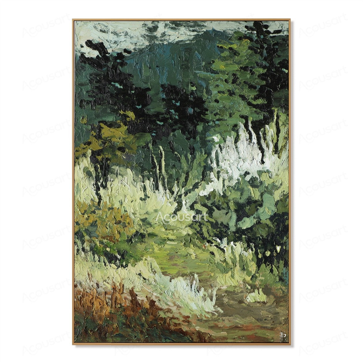 Impressionist forest landscape oil painting with green trees, textured brushstrokes, and a peaceful meadow path