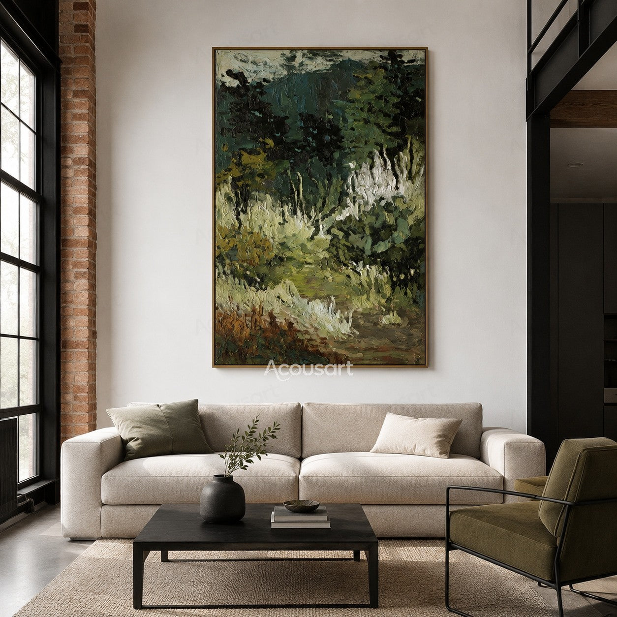 Impressionist forest landscape oil painting with green trees, textured brushstrokes, and a peaceful meadow path