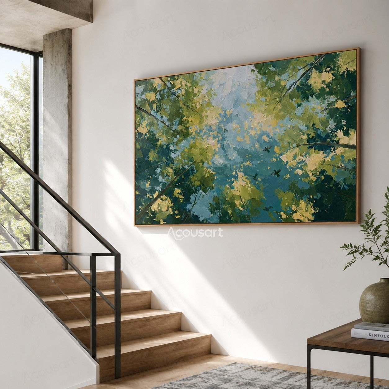 Impressionist tree canopy oil painting with green leaves, blue sky, branches, and birds flying overhead