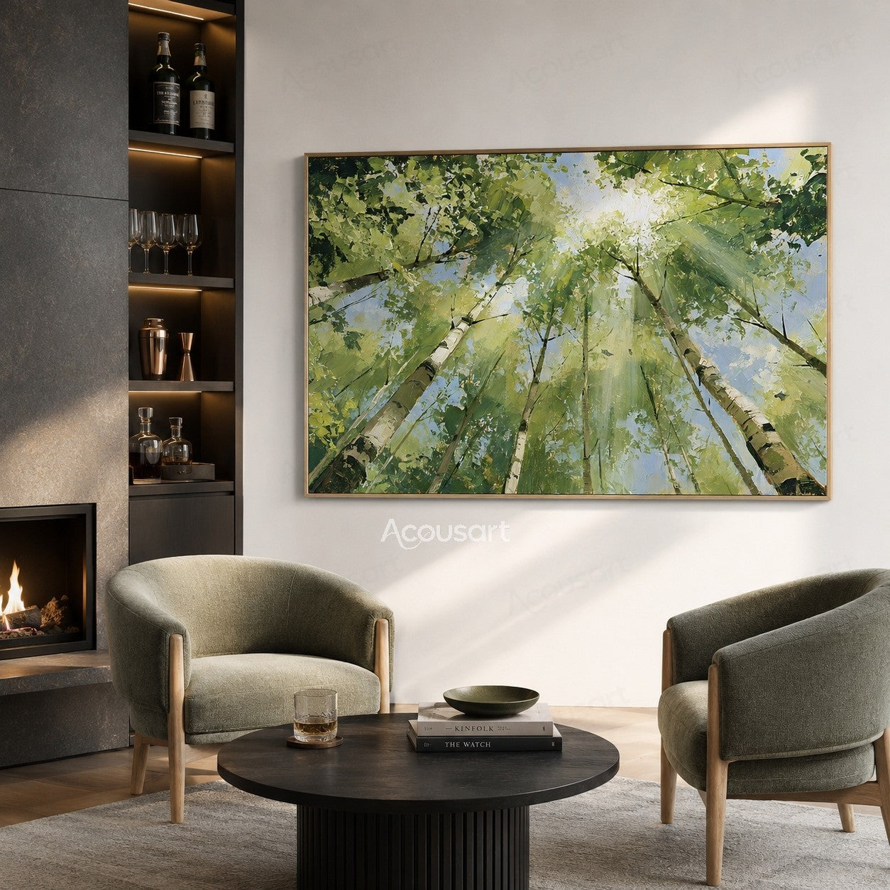 Sunlit birch tree canopy oil painting with green leaves, blue sky, and soft light beams