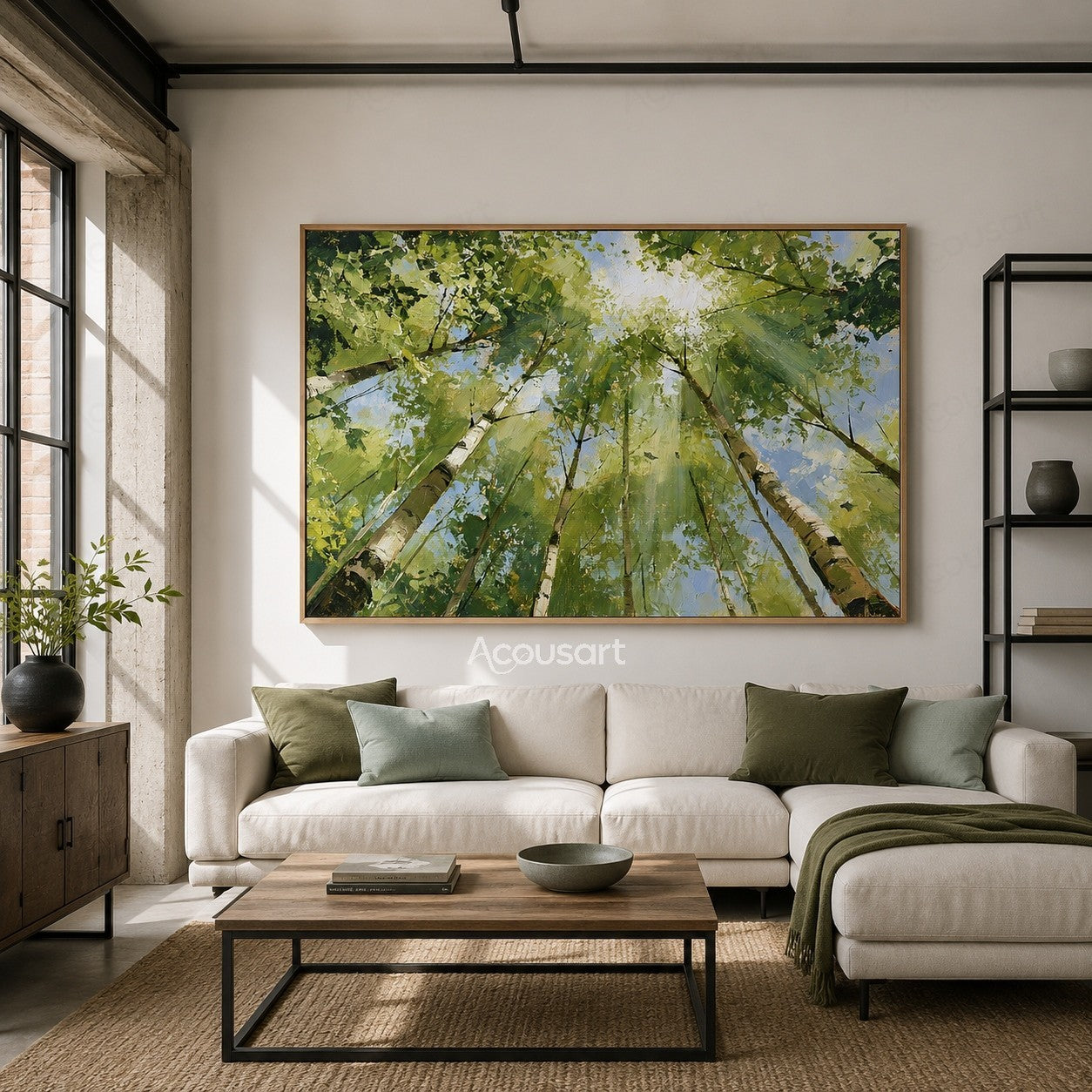 Sunlit birch tree canopy oil painting with green leaves, blue sky, and soft light beams