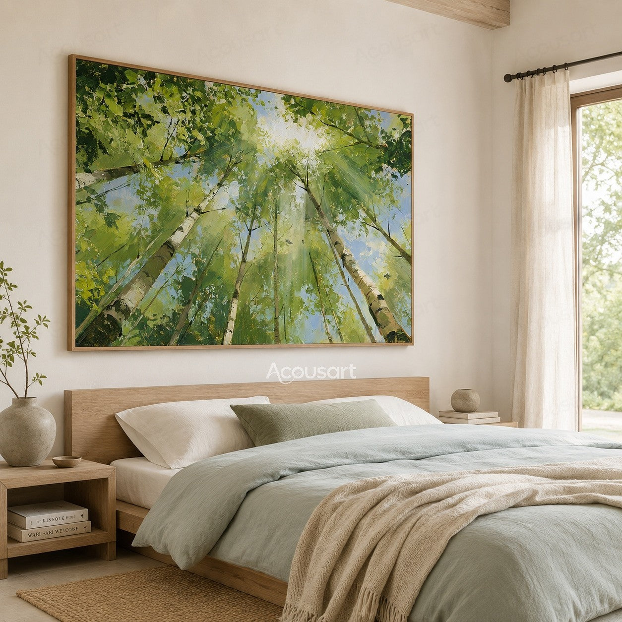 Sunlit birch tree canopy oil painting with green leaves, blue sky, and soft light beams