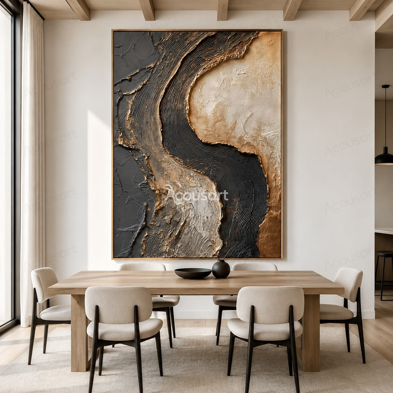 Black and beige textured abstract wall art with raised curved layers and organic stone-like patterns