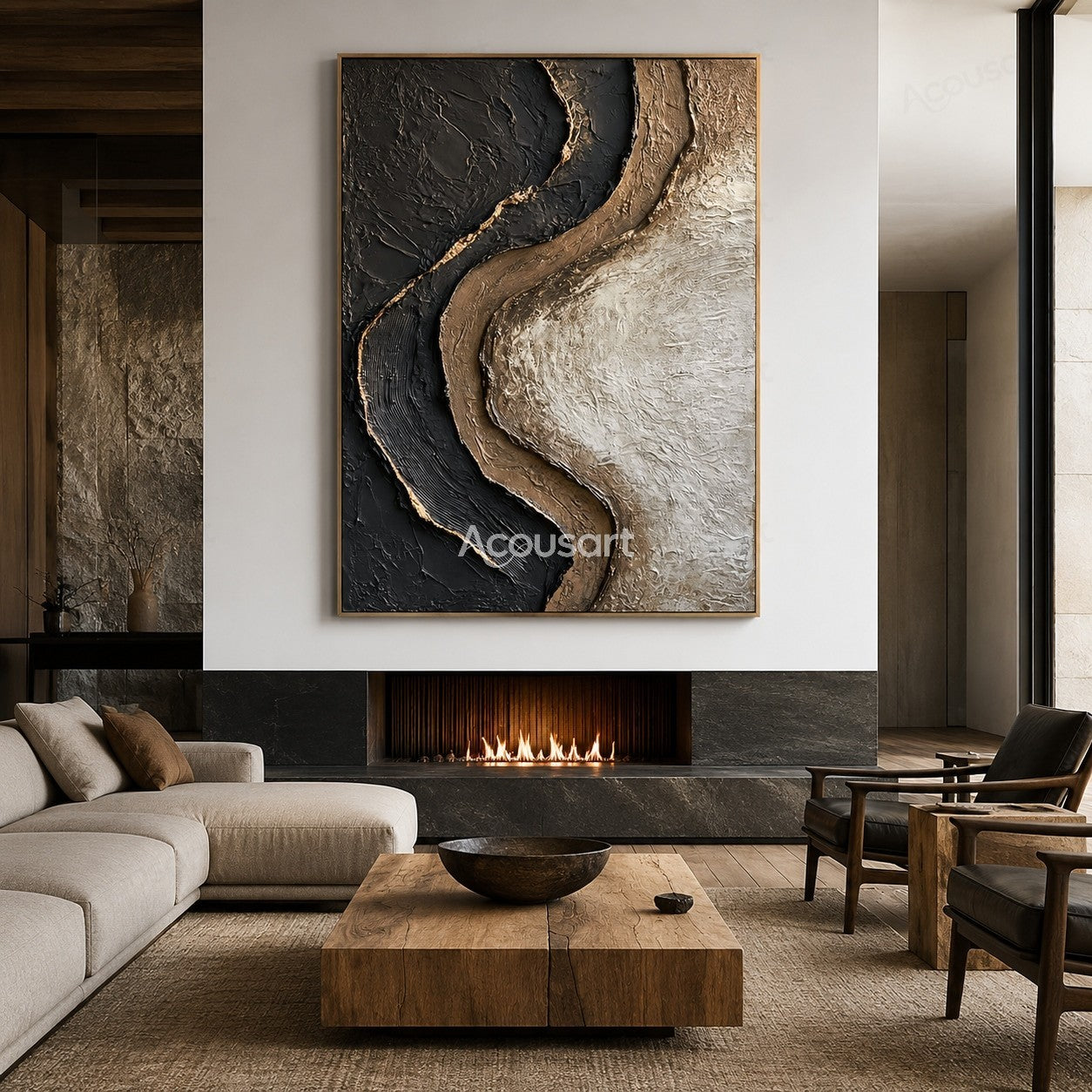 Black beige textured abstract wall art with flowing organic curves and raised stone-like layers