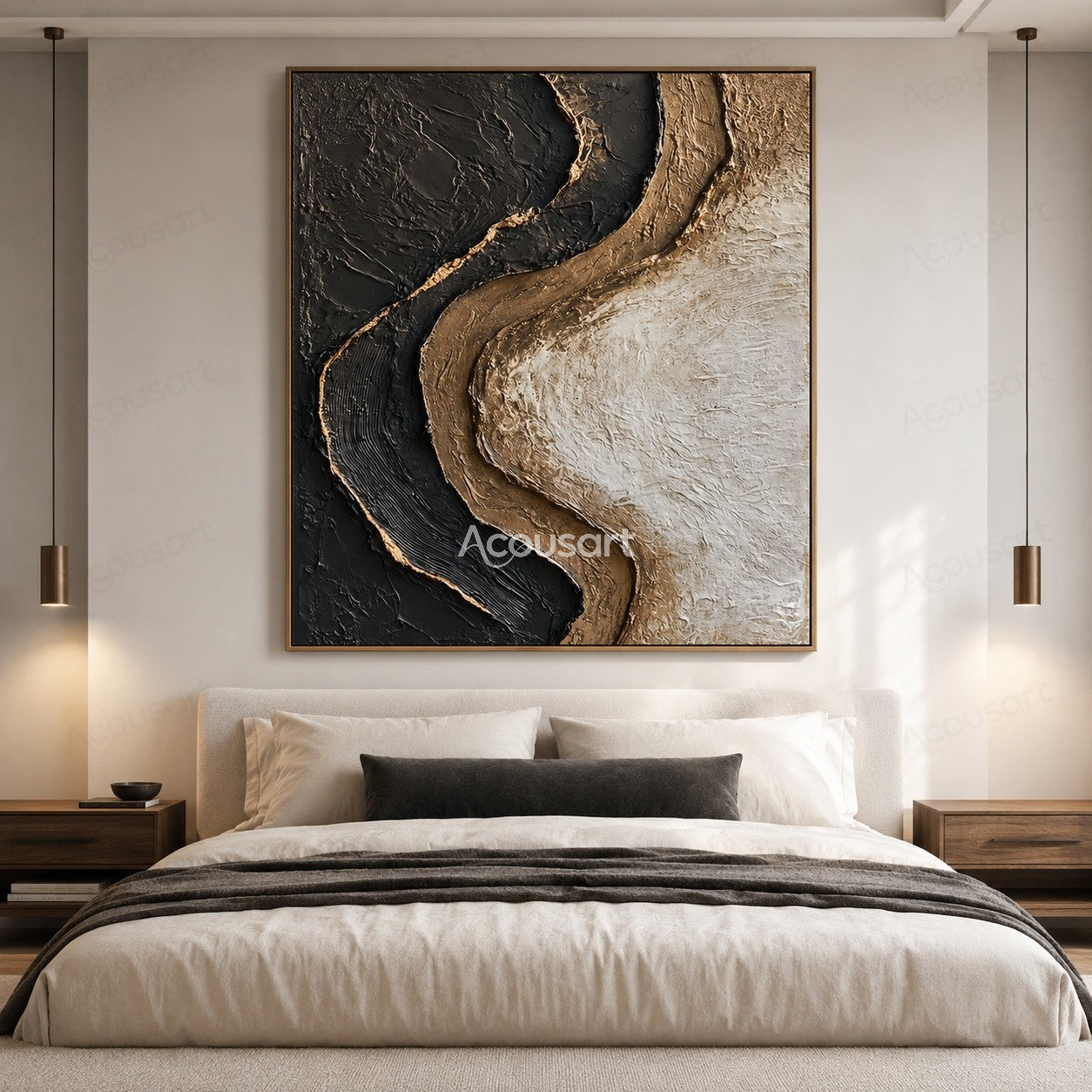 Black beige textured abstract wall art with flowing organic curves and raised stone-like layers