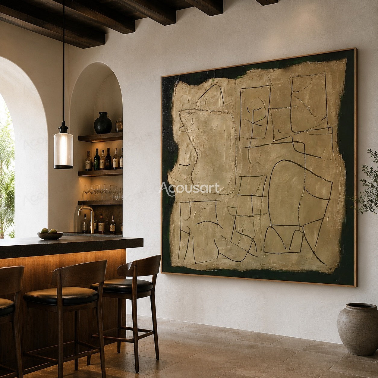 Textured abstract wall art in beige and green with hand-drawn black lines and layered paint