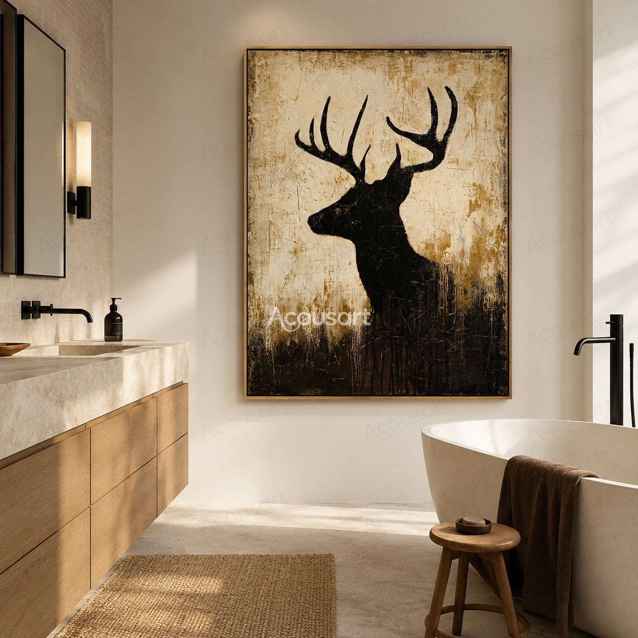 Black deer silhouette wall art with large antlers on a textured beige and brown background