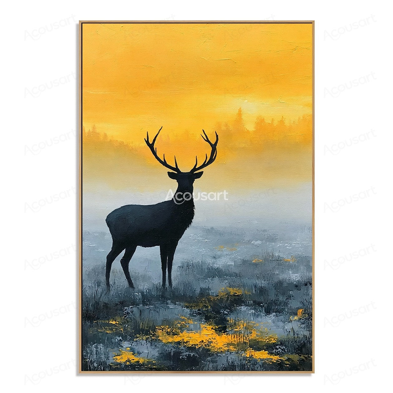 Black stag silhouette deer wall art with golden sunrise sky and misty blue forest landscape