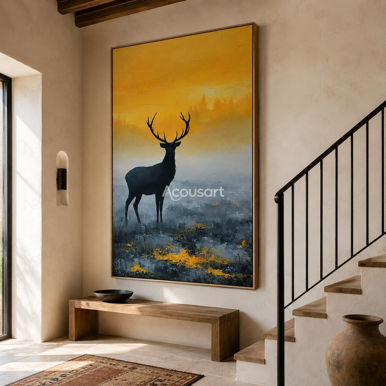 Black stag silhouette deer wall art with golden sunrise sky and misty blue forest landscape